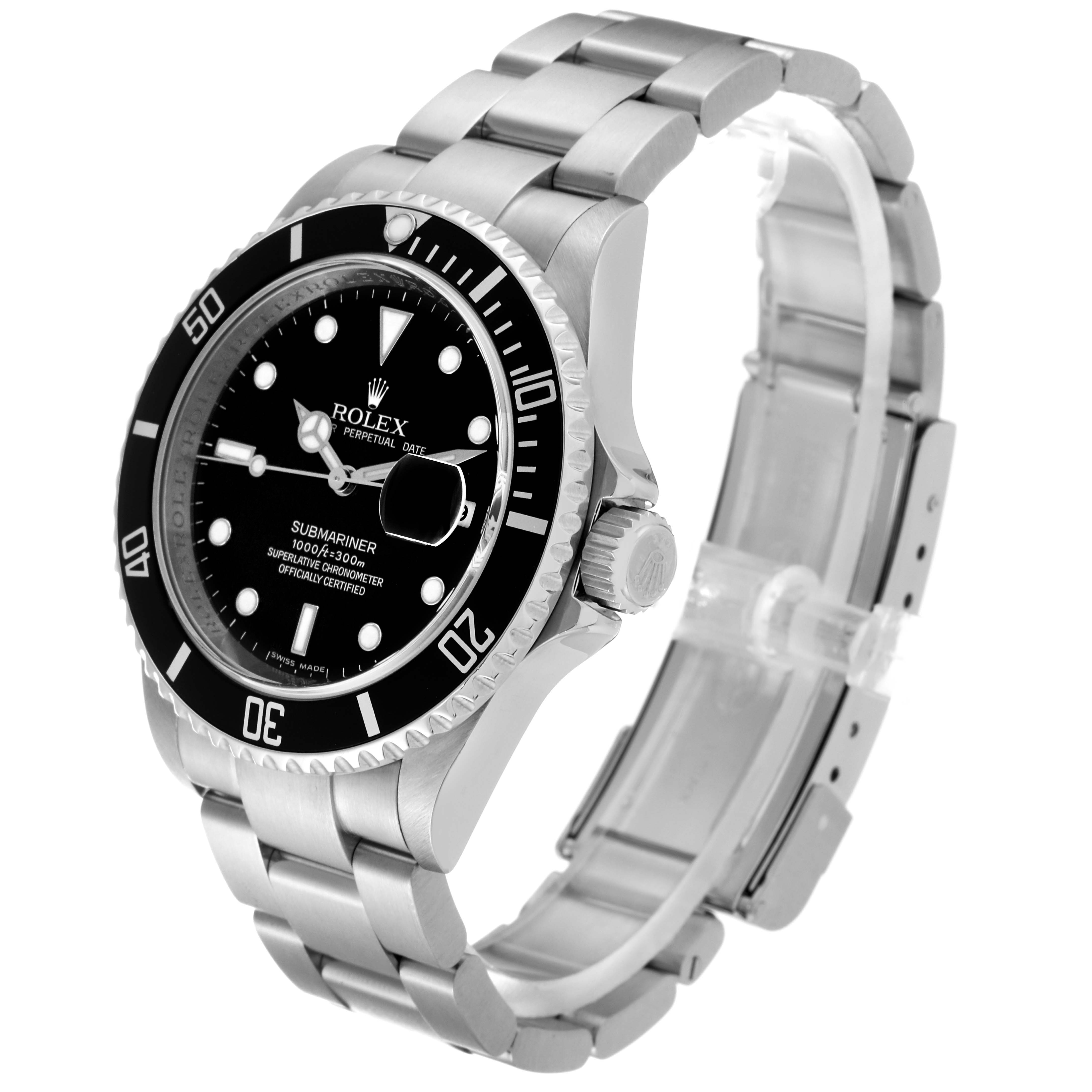 The image shows a side angle of a Rolex Submariner 16610 Men
s Stainless Steel Black Dial 16610 Men
s Stainless Steel Black Dial watch, highlighting the dial, bezel, crown, and stainless steel bracelet.