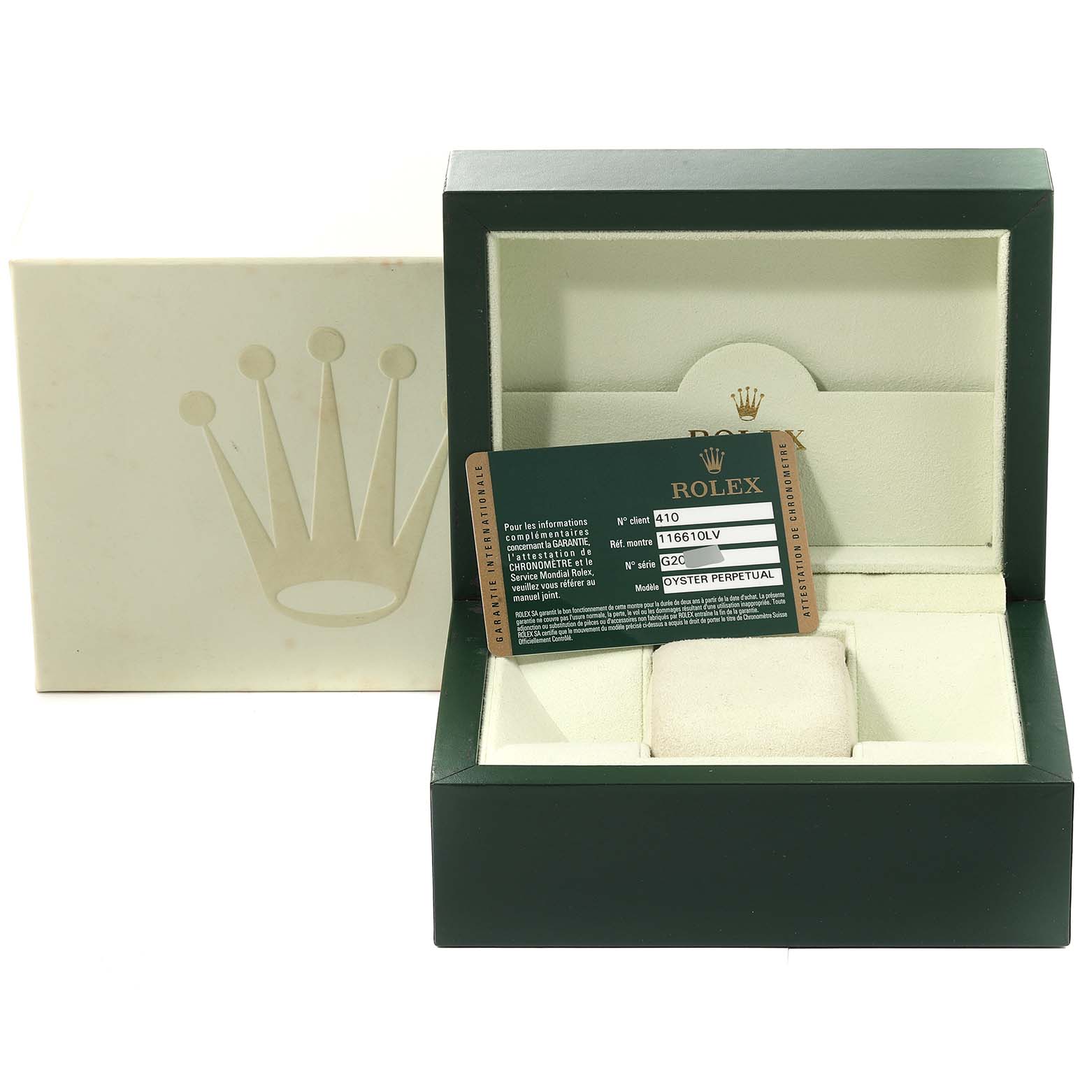 The image shows a Rolex Submariner 116610LV Men's Stainless Steel Green Dial 116610LV Men's Stainless Steel Green Dial watch box, containing a warranty card and a cushion for the watch.