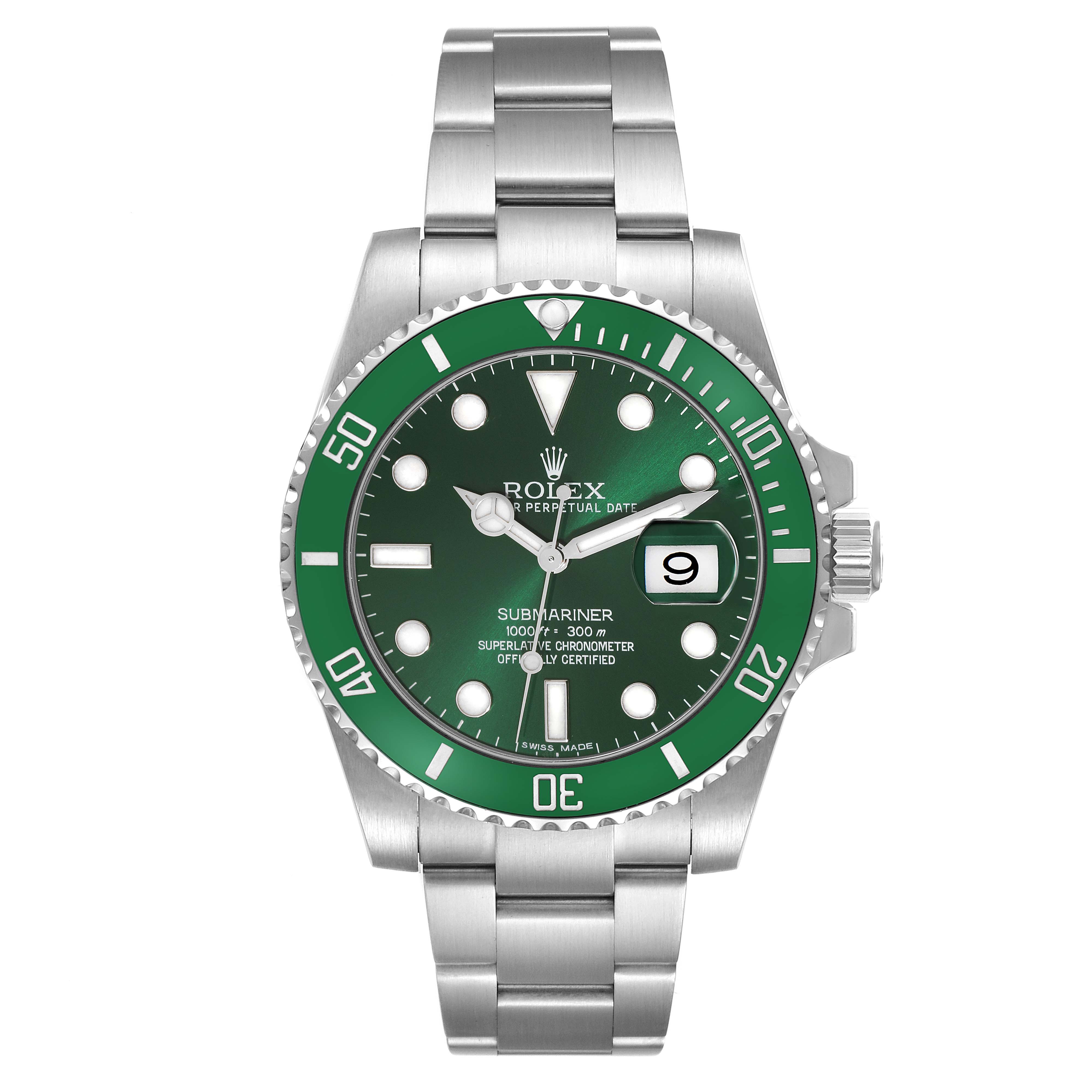 The image shows a front view of a Rolex Submariner 116610LV Men's Stainless Steel Green Dial 116610LV Men's Stainless Steel Green Dial watch with a green bezel and dial, featuring a date window and stainless steel bracelet.