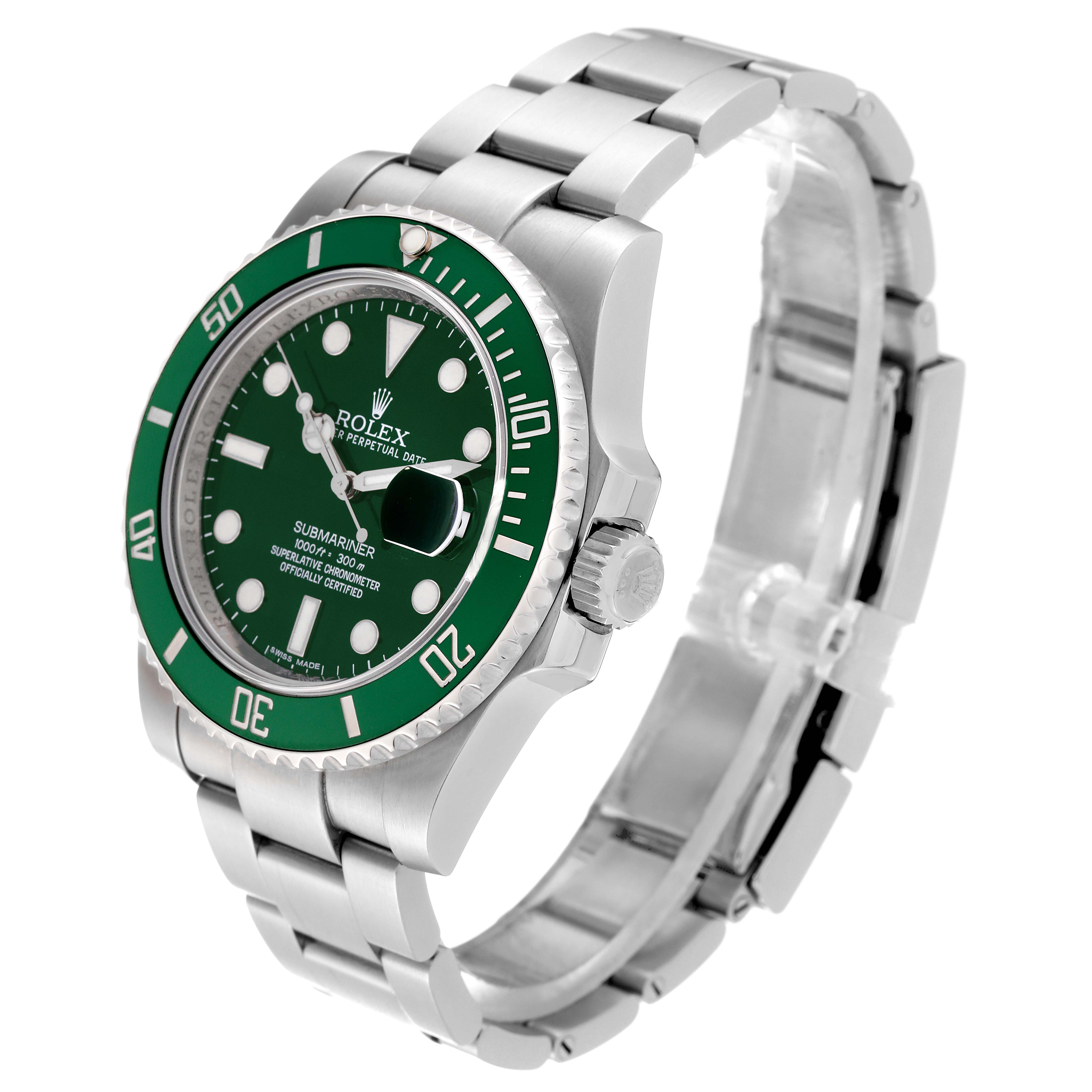 The image shows a side and front view of a Rolex Submariner 116610LV Men's Stainless Steel Green Dial 116610LV Men's Stainless Steel Green Dial watch, highlighting the face, bezel, and bracelet.