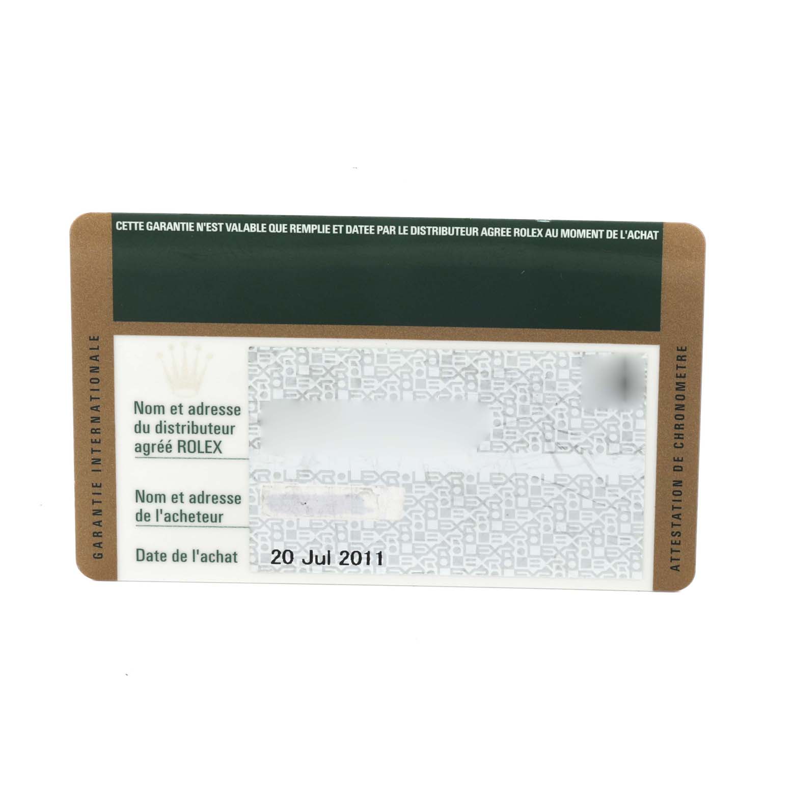 This image shows the warranty card included with the Rolex Submariner 116610LV Men's Stainless Steel Green Dial 116610LV Men's Stainless Steel Green Dial model watch.