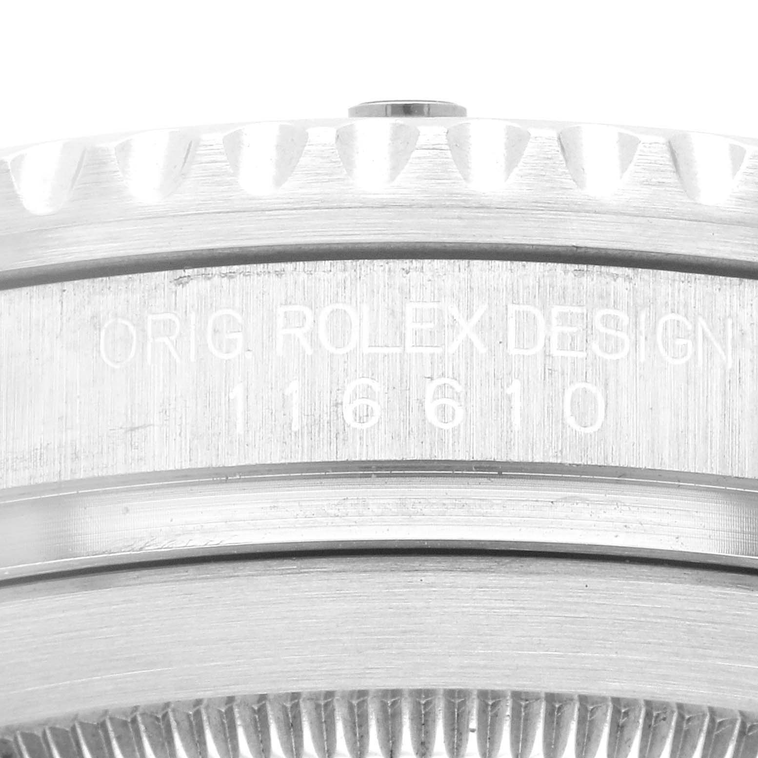 The image shows a close-up view of the bezel and case side of a Rolex Submariner 116610LV Men's Stainless Steel Green Dial 116610LV Men's Stainless Steel Green Dial, featuring the model number and "ORIG. ROLEX DESIGN" inscription.