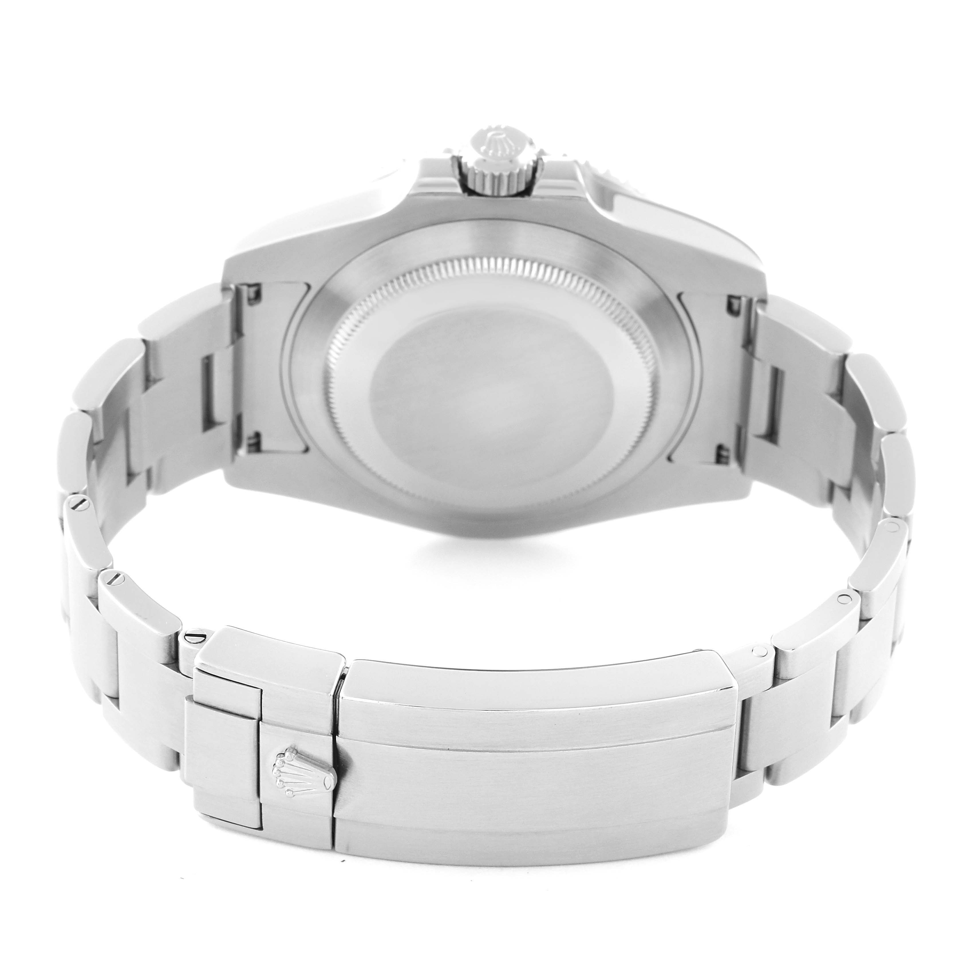 The image shows the back and clasp of a Rolex Submariner 116610LV Men's Stainless Steel Green Dial 116610LV Men's Stainless Steel Green Dial watch from a straight-on rear angle.