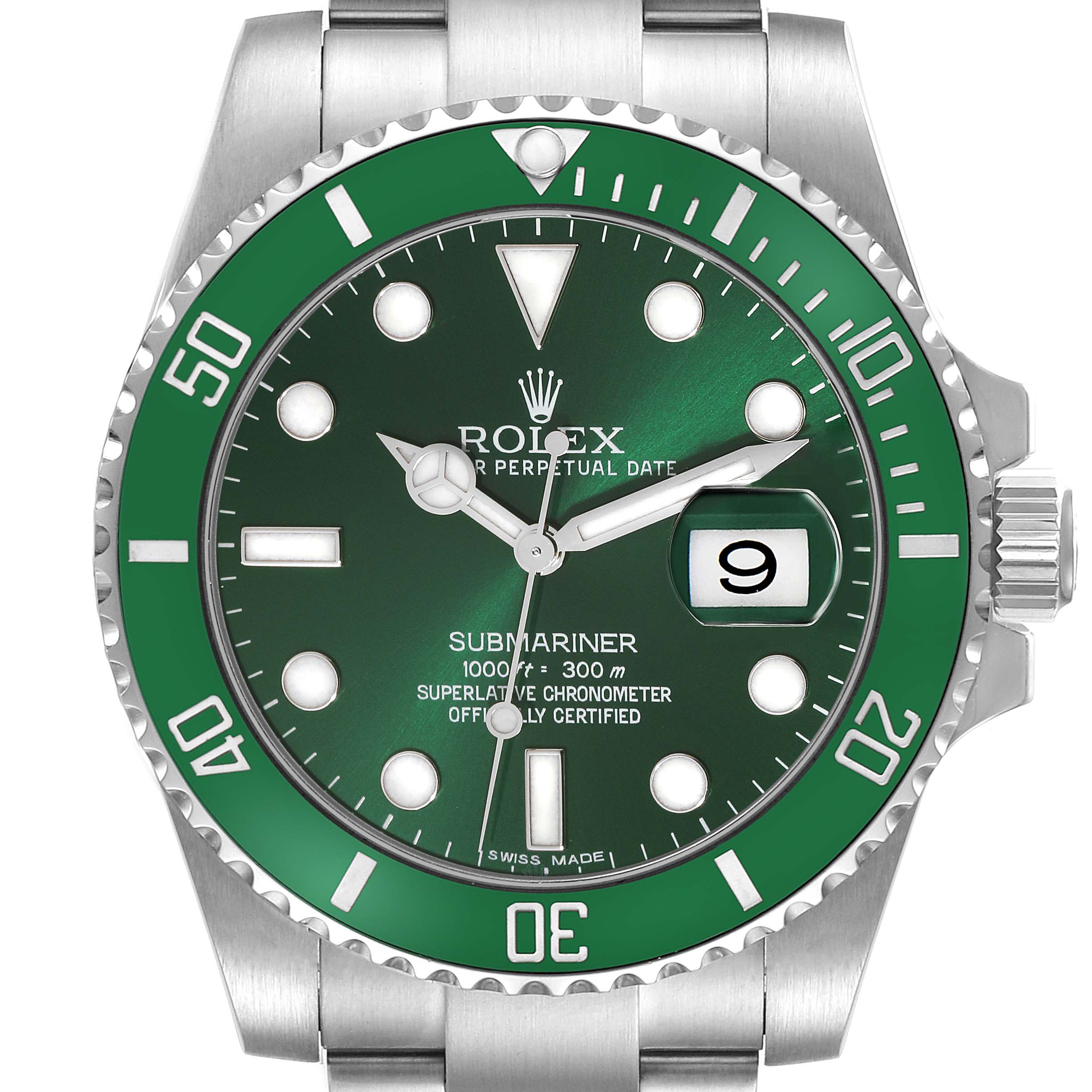 The image shows a front view of the Rolex Submariner 116610LV Men's Stainless Steel Green Dial 116610LV Men's Stainless Steel Green Dial watch, highlighting its green bezel, green dial, and date window.