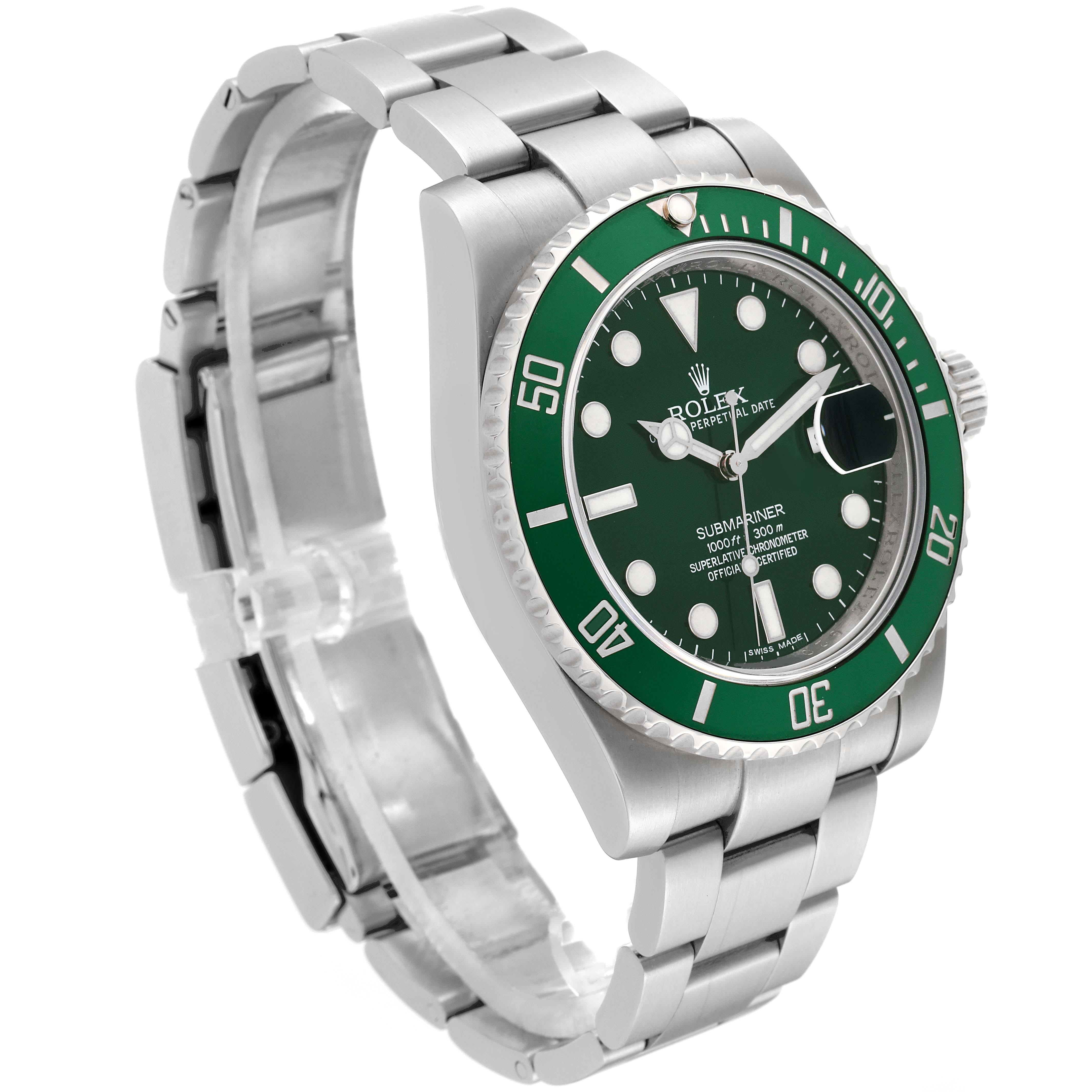 The Rolex Submariner 116610LV Men's Stainless Steel Green Dial 116610LV Men's Stainless Steel Green Dial watch is shown from a three-quarter angle, highlighting its green bezel, dial, and metal bracelet.