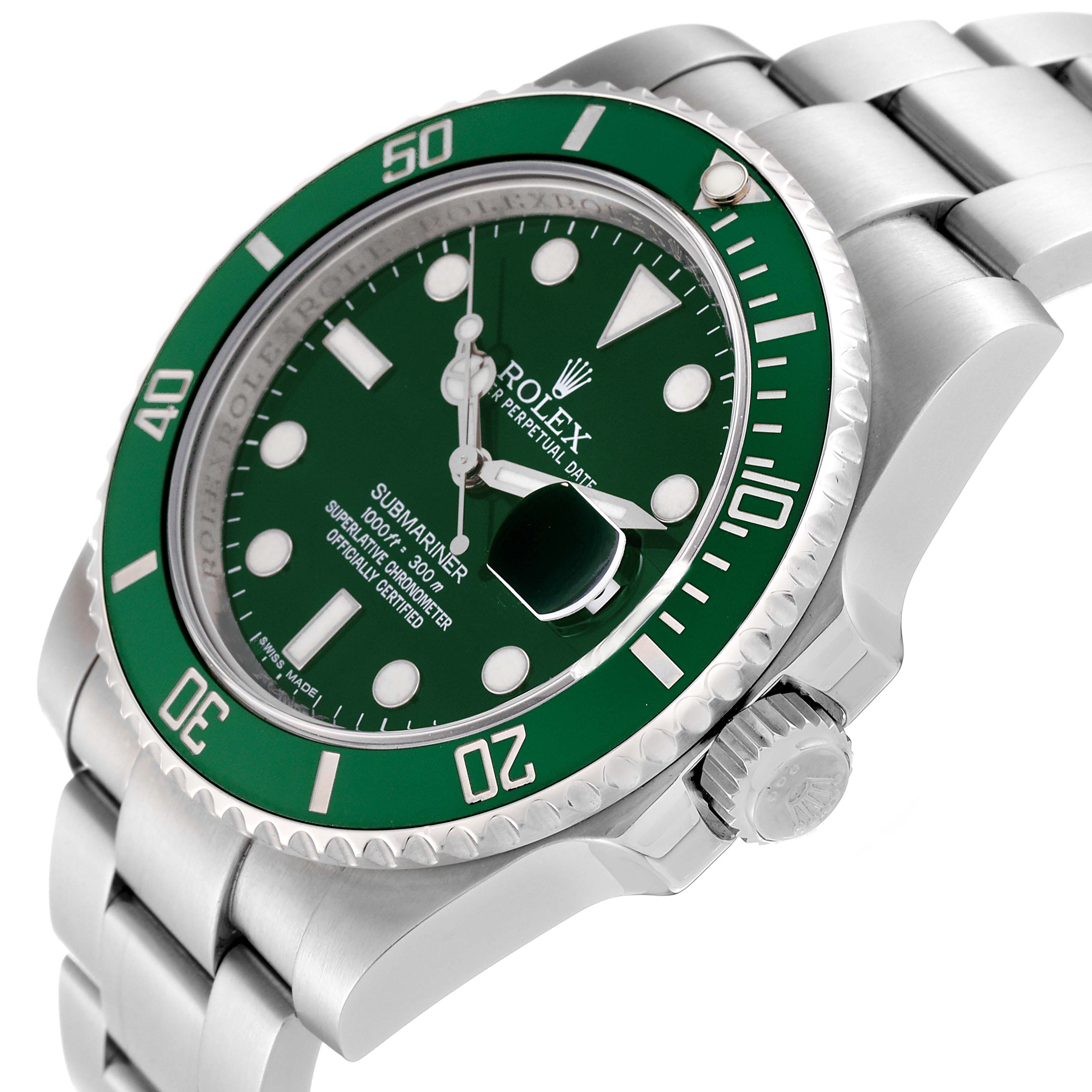 The image shows a close-up angle of the Rolex Submariner 116610LV Men's Stainless Steel Green Dial 116610LV Men's Stainless Steel Green Dial watch highlighting the green bezel and dial, crown, and part of the bracelet.