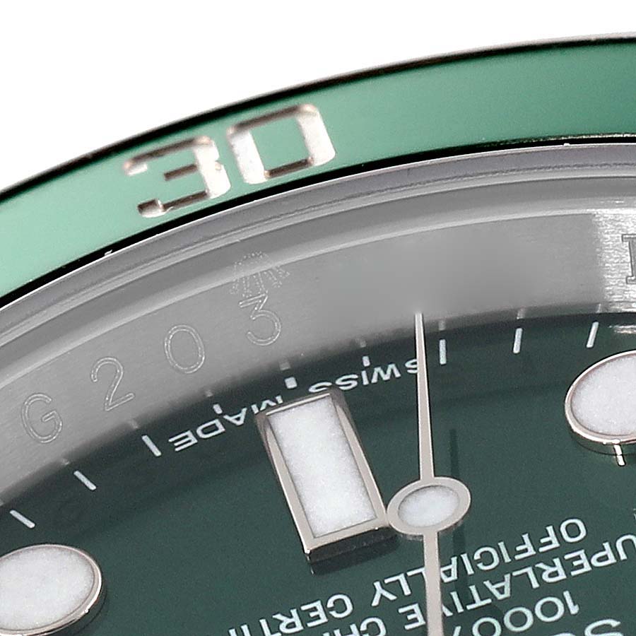 The image shows a close-up of the bezel and dial of a Rolex Submariner 116610LV Men's Stainless Steel Green Dial 116610LV Men's Stainless Steel Green Dial watch, highlighting the "30" mark on the bezel and part of the dial.