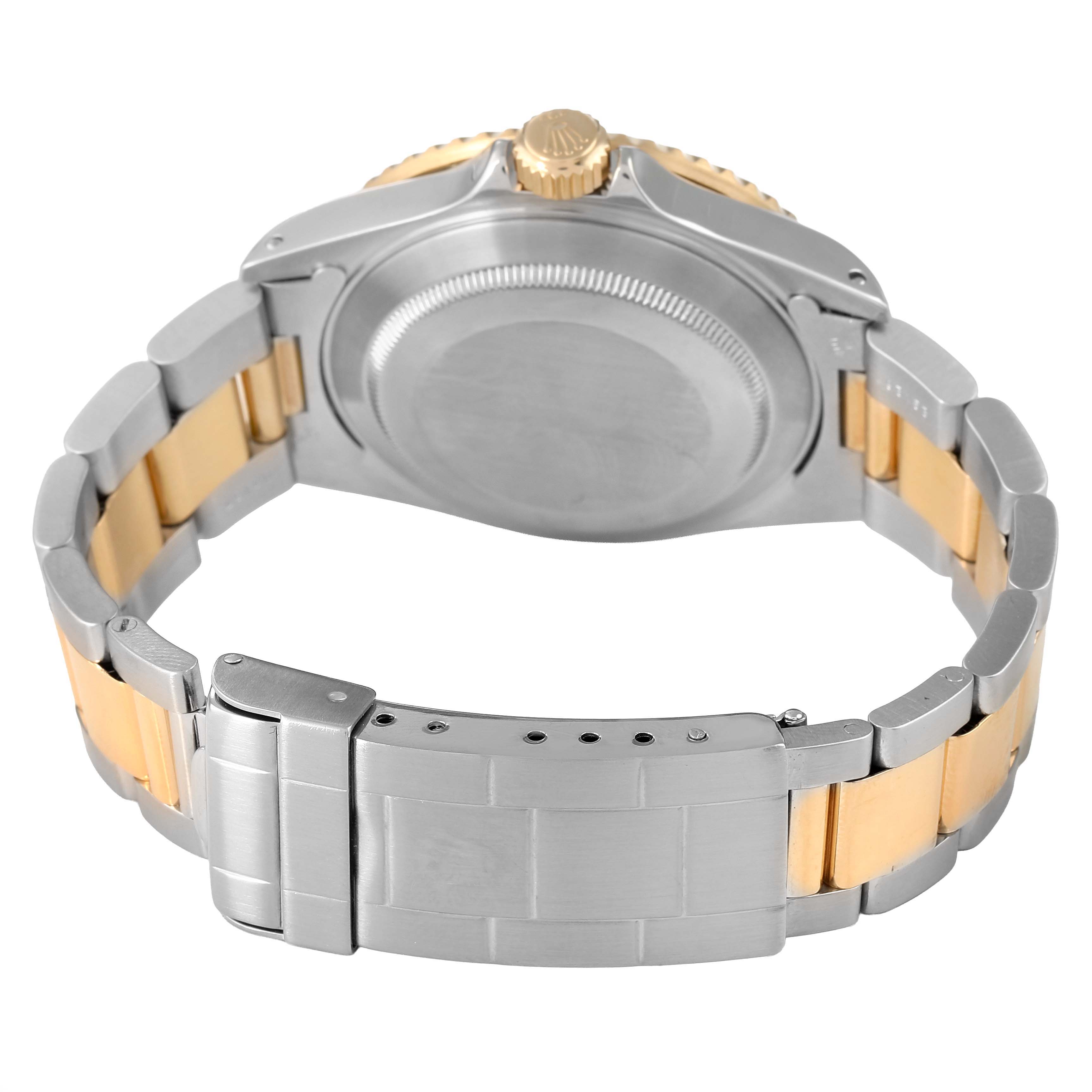 The image shows the Rolex Submariner 16613 Men's Steel and Gold (two tone) Black Dial's case back, crown, and two-tone bracelet from a rear angle.