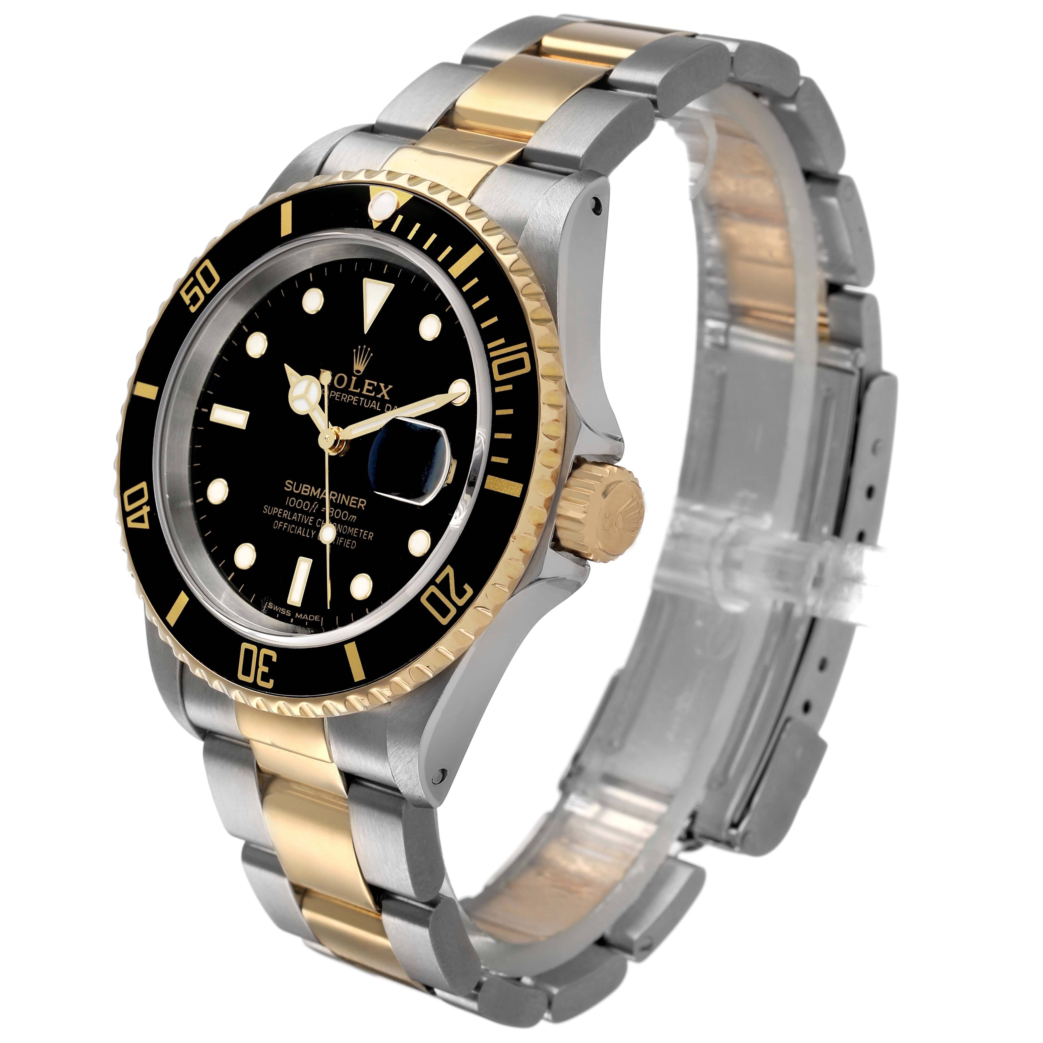 The Rolex Submariner 16613 Men's Steel and Gold (two tone) Black Dial watch is shown at a slight angle, highlighting the bezel, dial, crown, and bracelet.