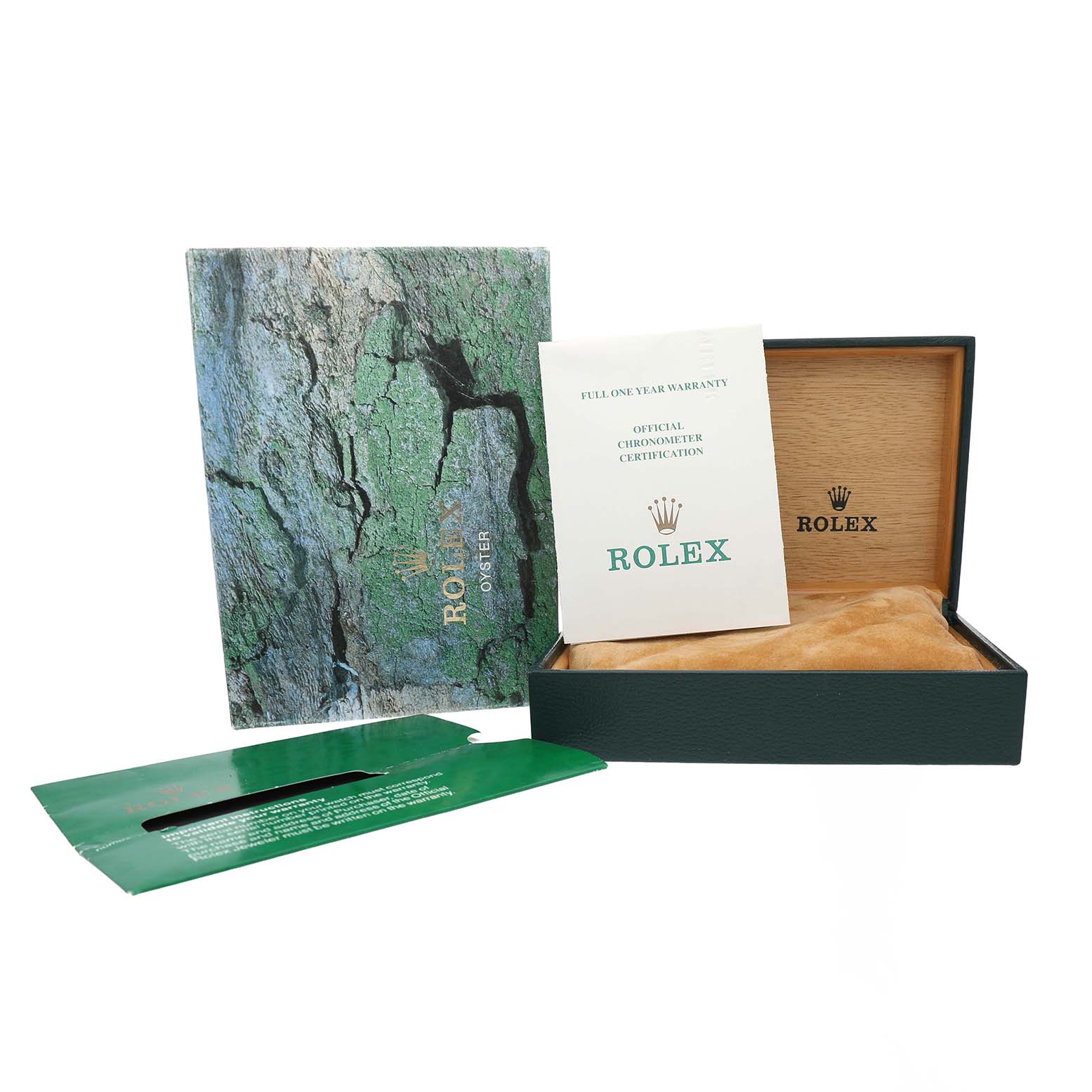 The image shows a Rolex Submariner 16613 Men's Steel and Gold (two tone) Black Dial box, warranty card, and certification at an angle displaying the open packaging.