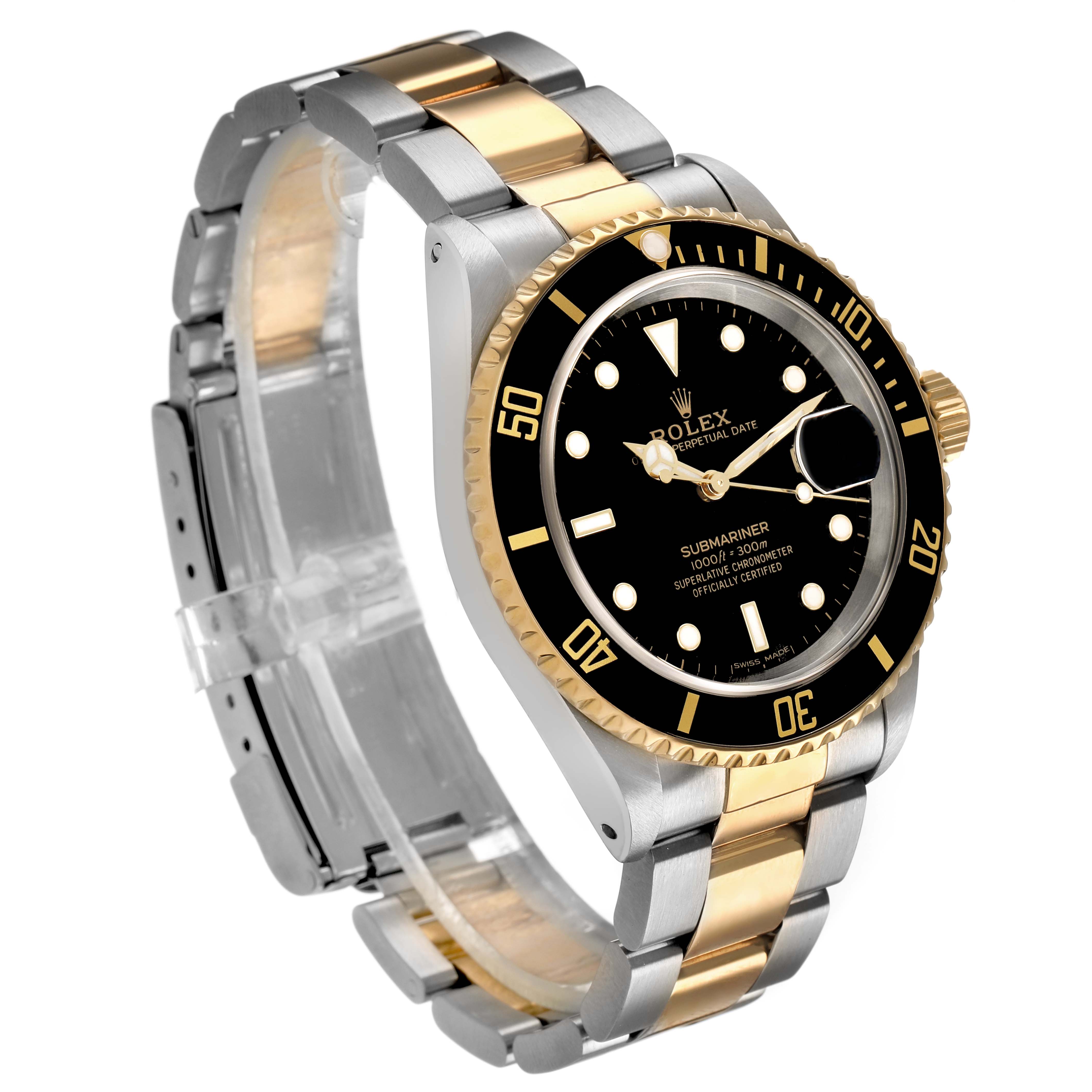 The Rolex Submariner 16613 Men's Steel and Gold (two tone) Black Dial is shown at a three-quarter angle displaying the face, bezel, and two-tone bracelet.