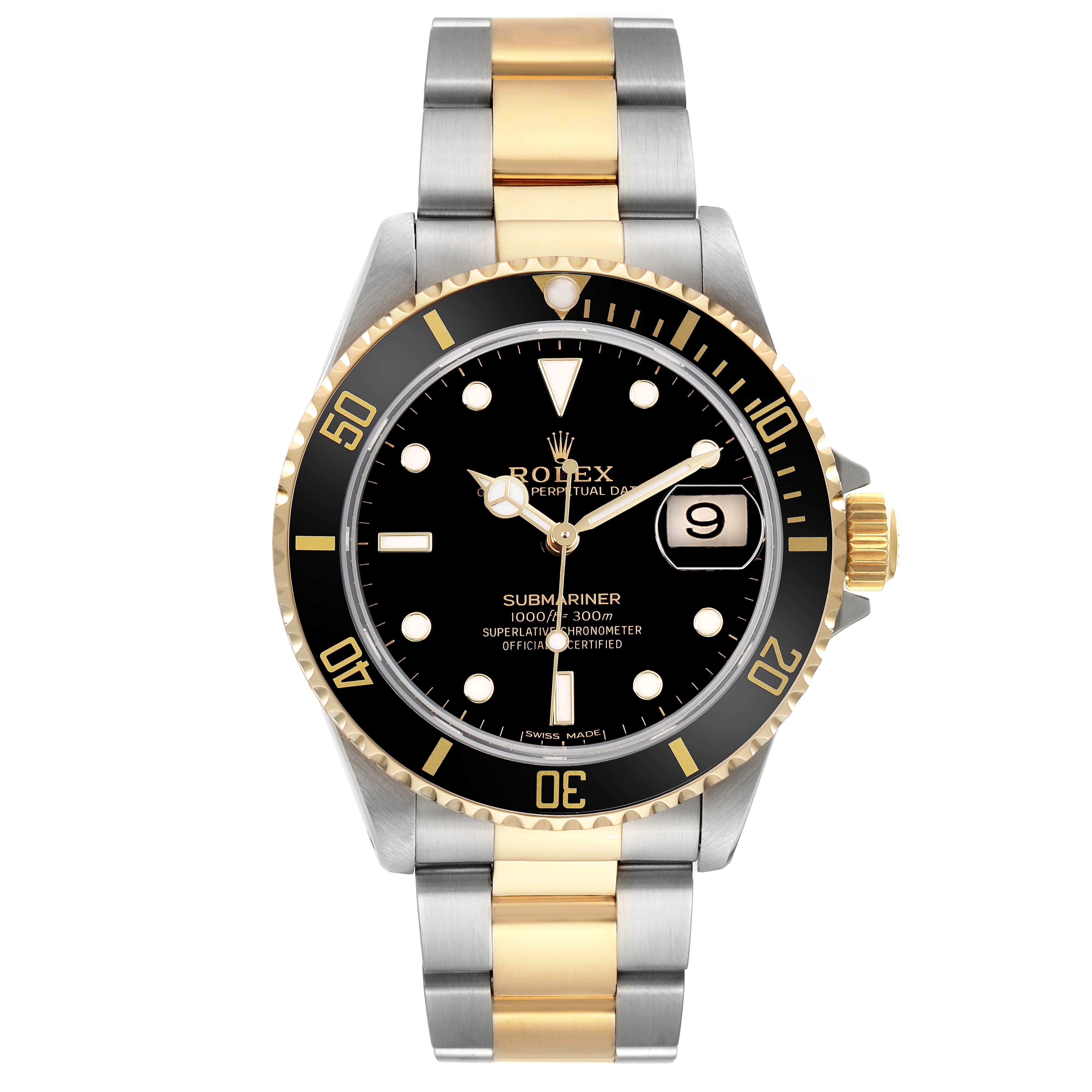 The Rolex Submariner 16613 Men's Steel and Gold (two tone) Black Dial watch is shown from a front angle, highlighting its black dial, two-tone bracelet, and date display.