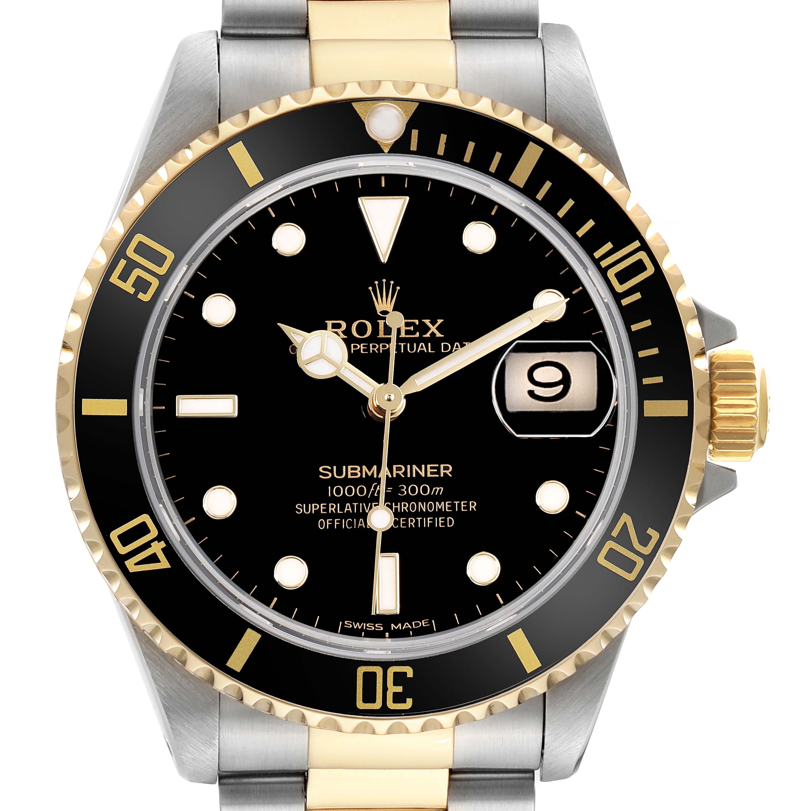 The Rolex Submariner 16613 Men's Steel and Gold (two tone) Black Dial watch is shown from a front angle, highlighting its black dial, gold-accented bezel, and date display.