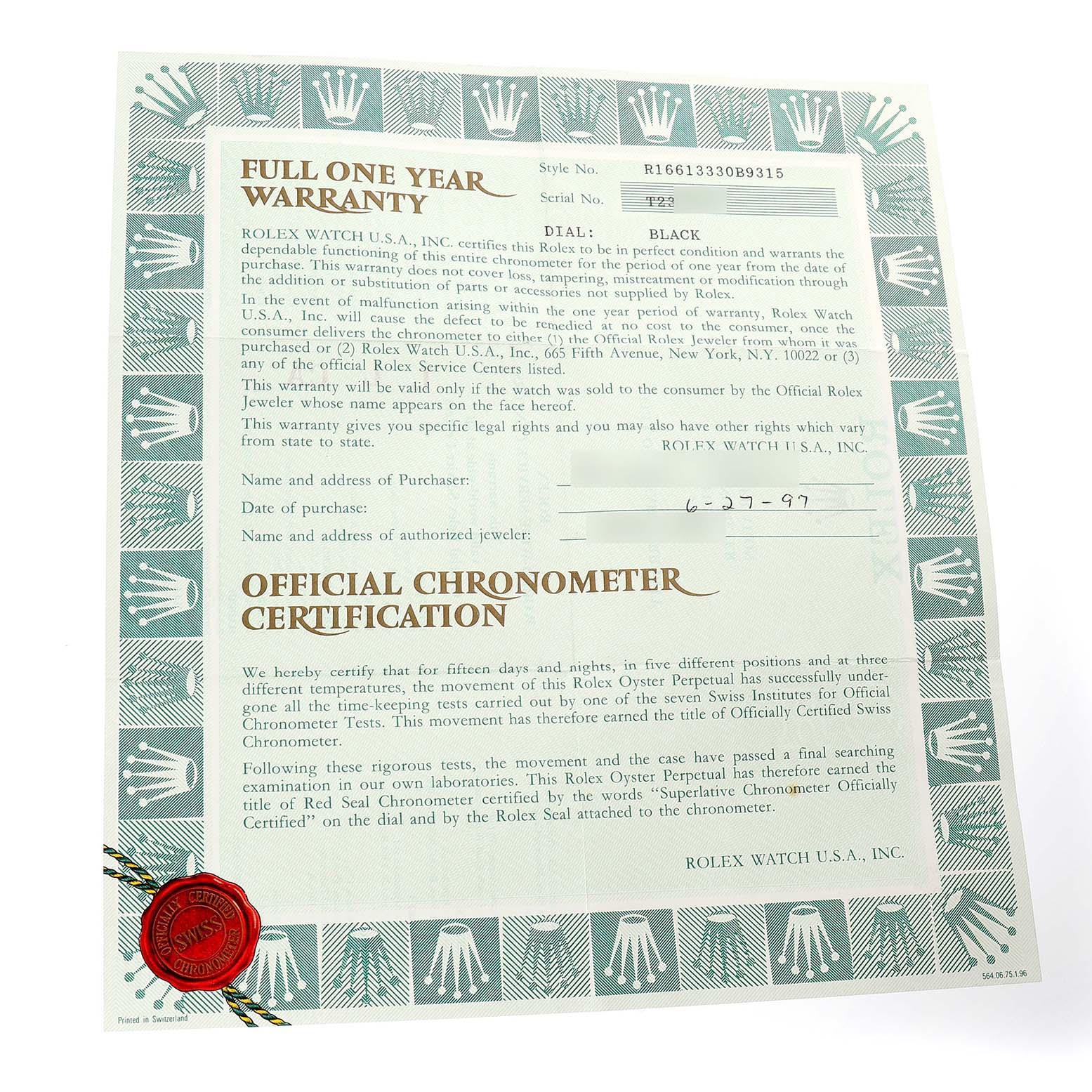 The image shows a warranty and certification document for a Rolex Submariner 16613 Men's Steel and Gold (two tone) Black Dial, featuring decorative borders and a seal.