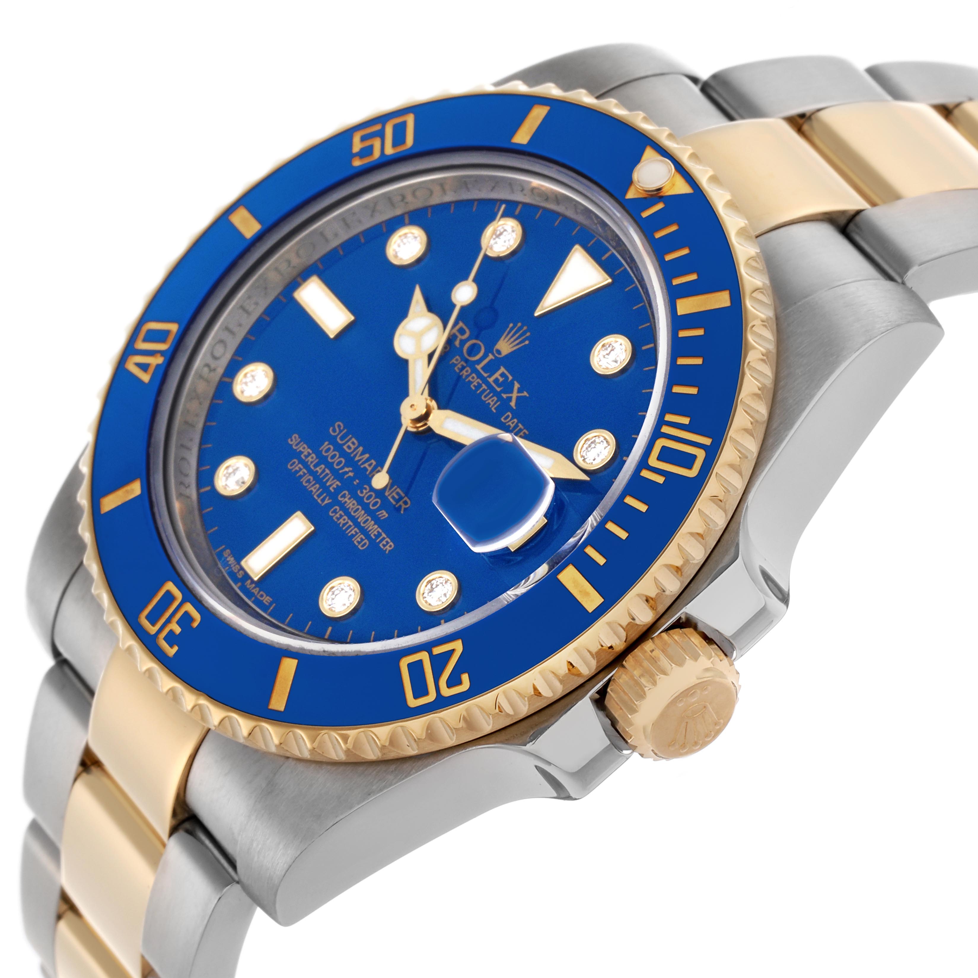The image shows a side angle of the Rolex Submariner 116613LB Men's Steel and Gold (two tone) Blue Dial 116613LB Men's Steel and Gold (two tone) Blue Dial, highlighting its blue dial, two-tone bracelet, and gold bezel.