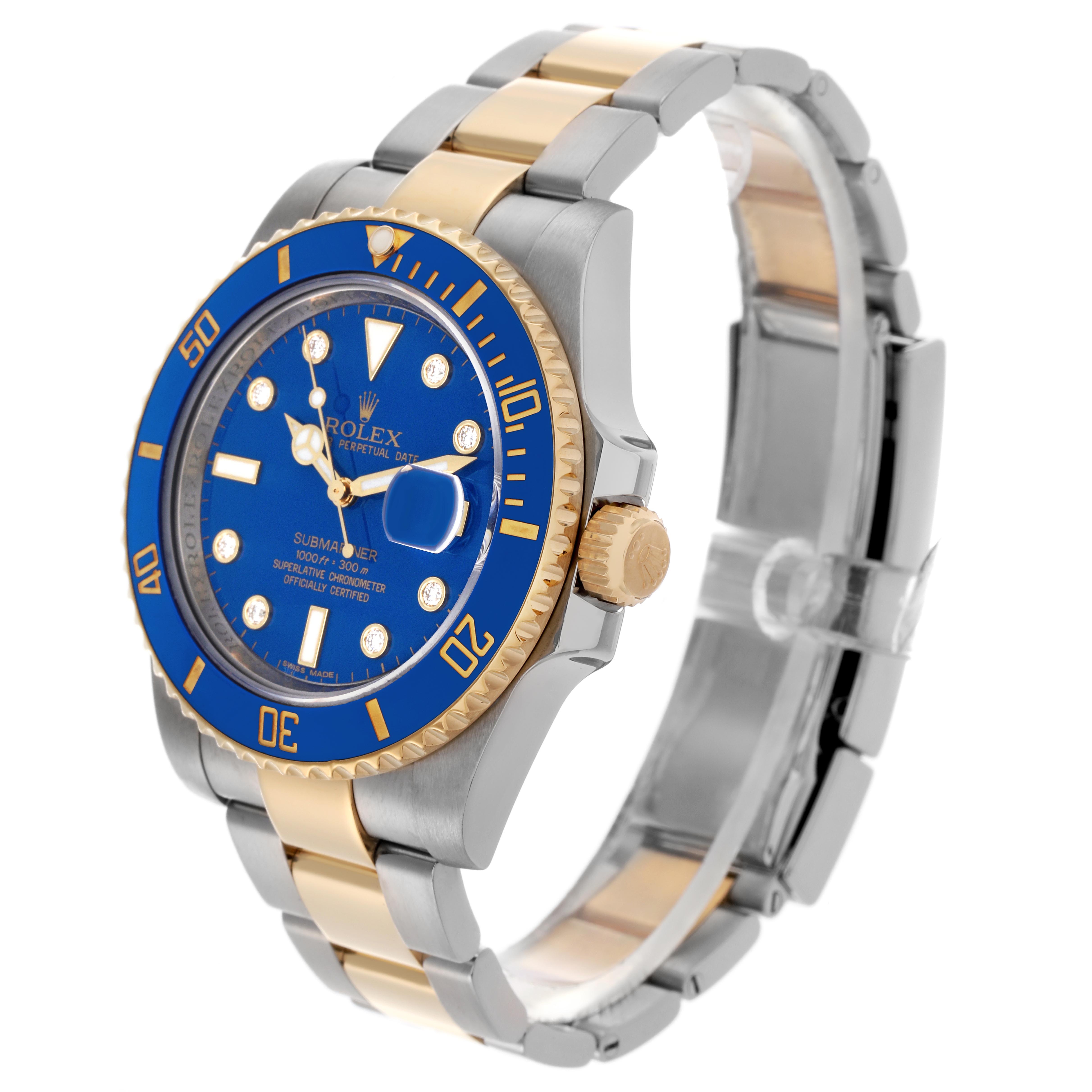 The image shows a Rolex Submariner 116613LB Men's Steel and Gold (two tone) Blue Dial 116613LB Men's Steel and Gold (two tone) Blue Dial watch at an angle displaying the dial, bezel, crown, and part of the bracelet.