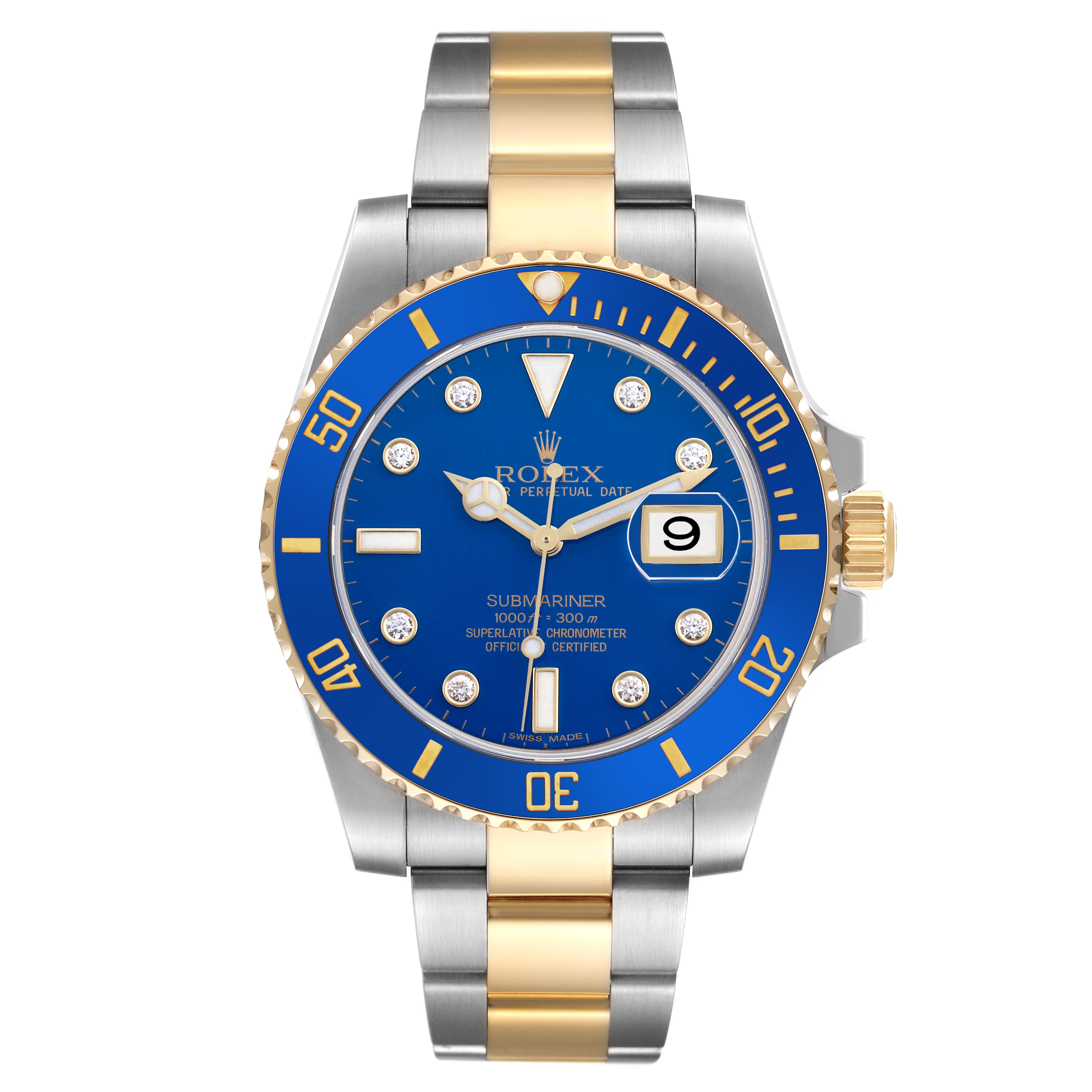 The Rolex Submariner 116613LB Men's Steel and Gold (two tone) Blue Dial 116613LB Men's Steel and Gold (two tone) Blue Dial watch is shown from the front, displaying its blue dial, bezel, and steel and gold bracelet.