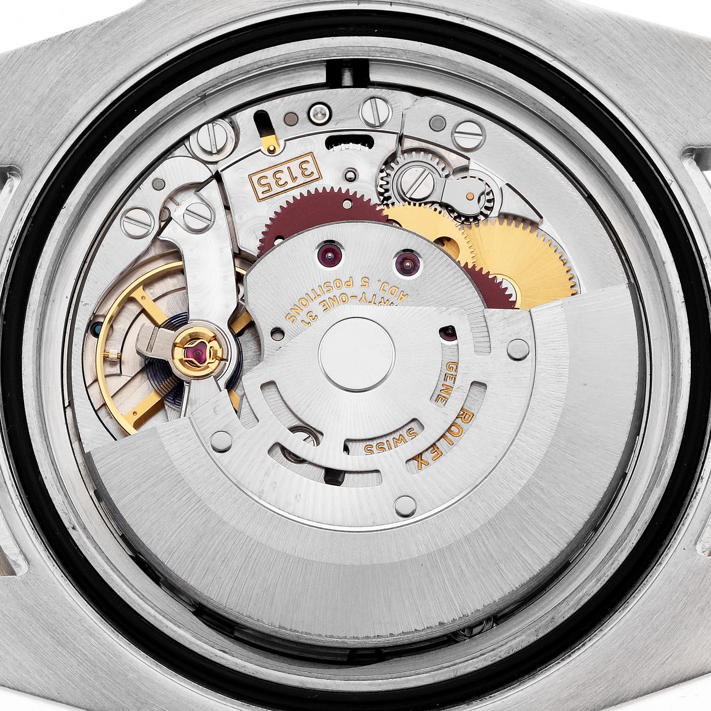 The image shows a close-up of the Rolex Submariner 116613LB Men's Steel and Gold (two tone) Blue Dial 116613LB Men's Steel and Gold (two tone) Blue Dial watch's movement from the back, highlighting gears and the rotor.