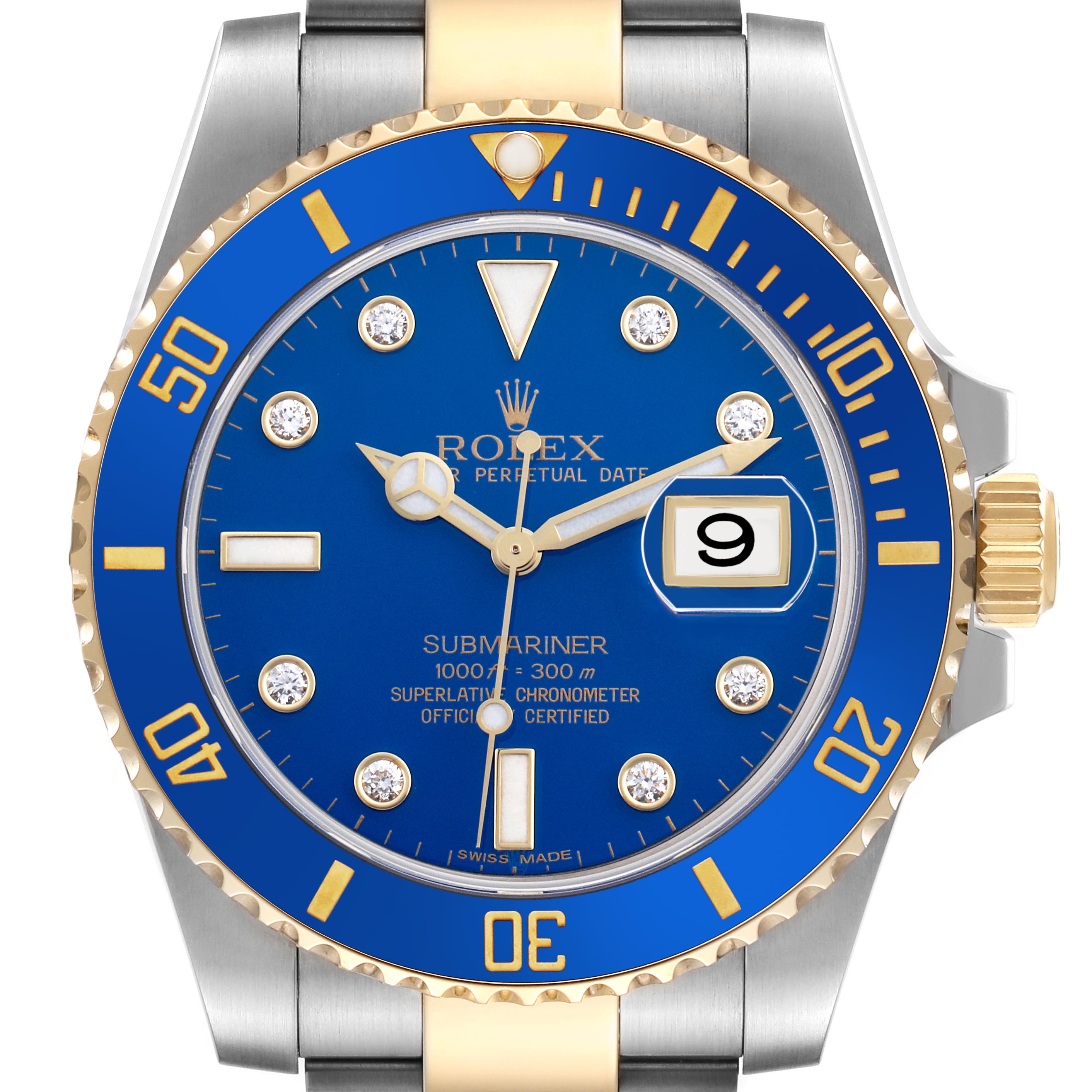 The Rolex Submariner 116613LB Men's Steel and Gold (two tone) Blue Dial 116613LB Men's Steel and Gold (two tone) Blue Dial is shown from a front angle, highlighting the blue dial, bezel, gold accents, and date window.