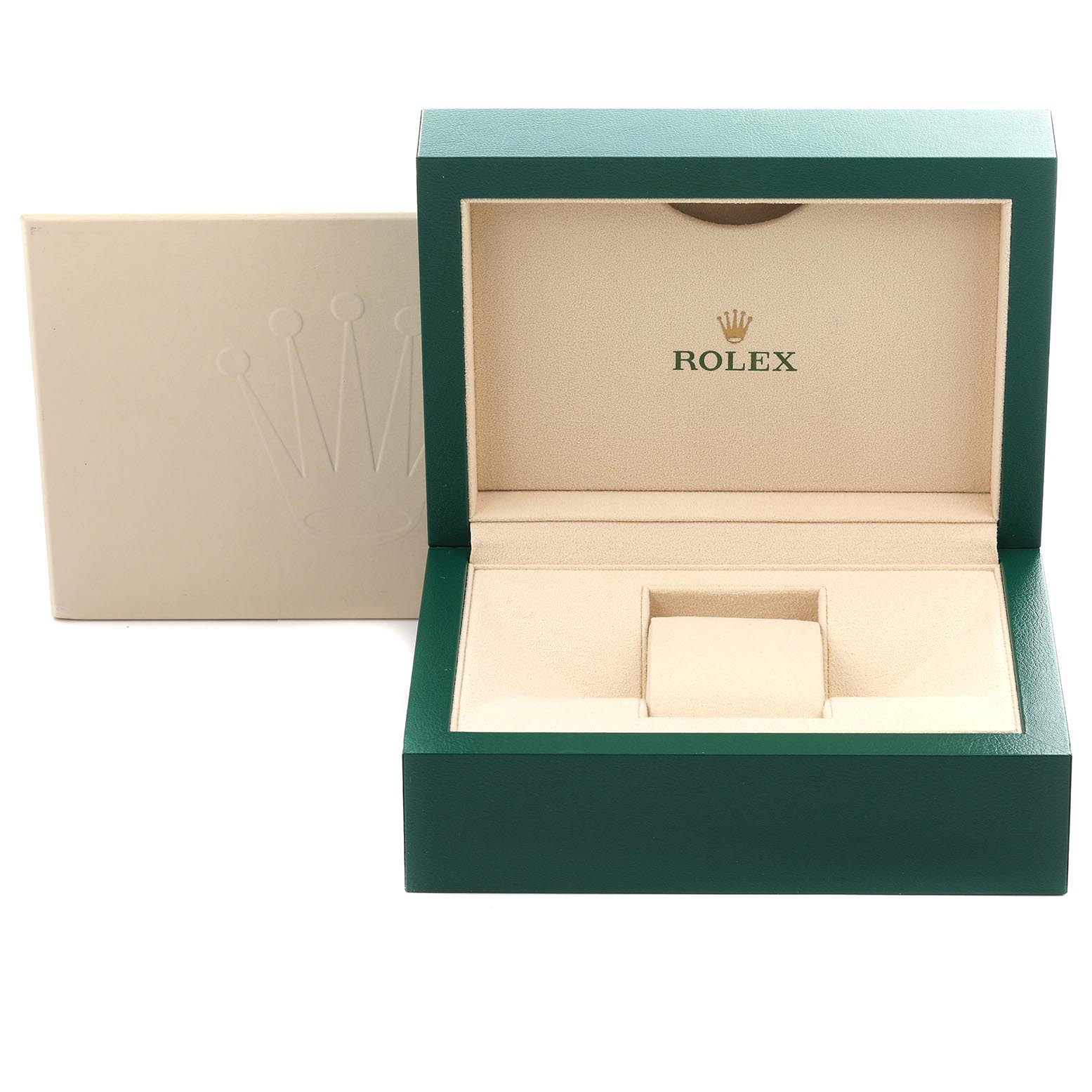 The image shows an open Rolex watch box for the Submariner model, with a green outer box and beige interior.