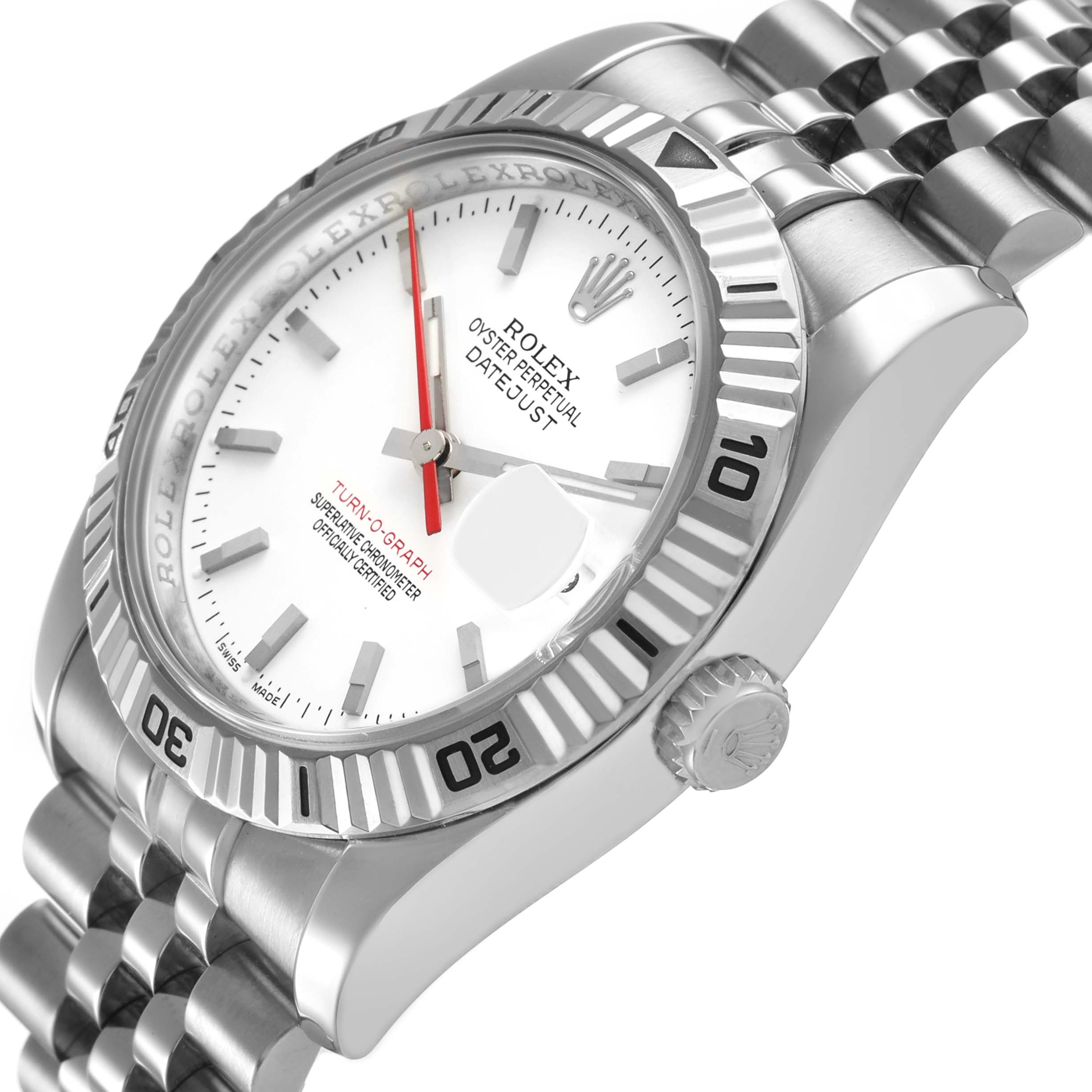 The Rolex Turn-o-Graph 116264 Men's Stainless Steel White Dial watch is shown at a slight angle highlighting the face, bezel, crown, and part of the bracelet.