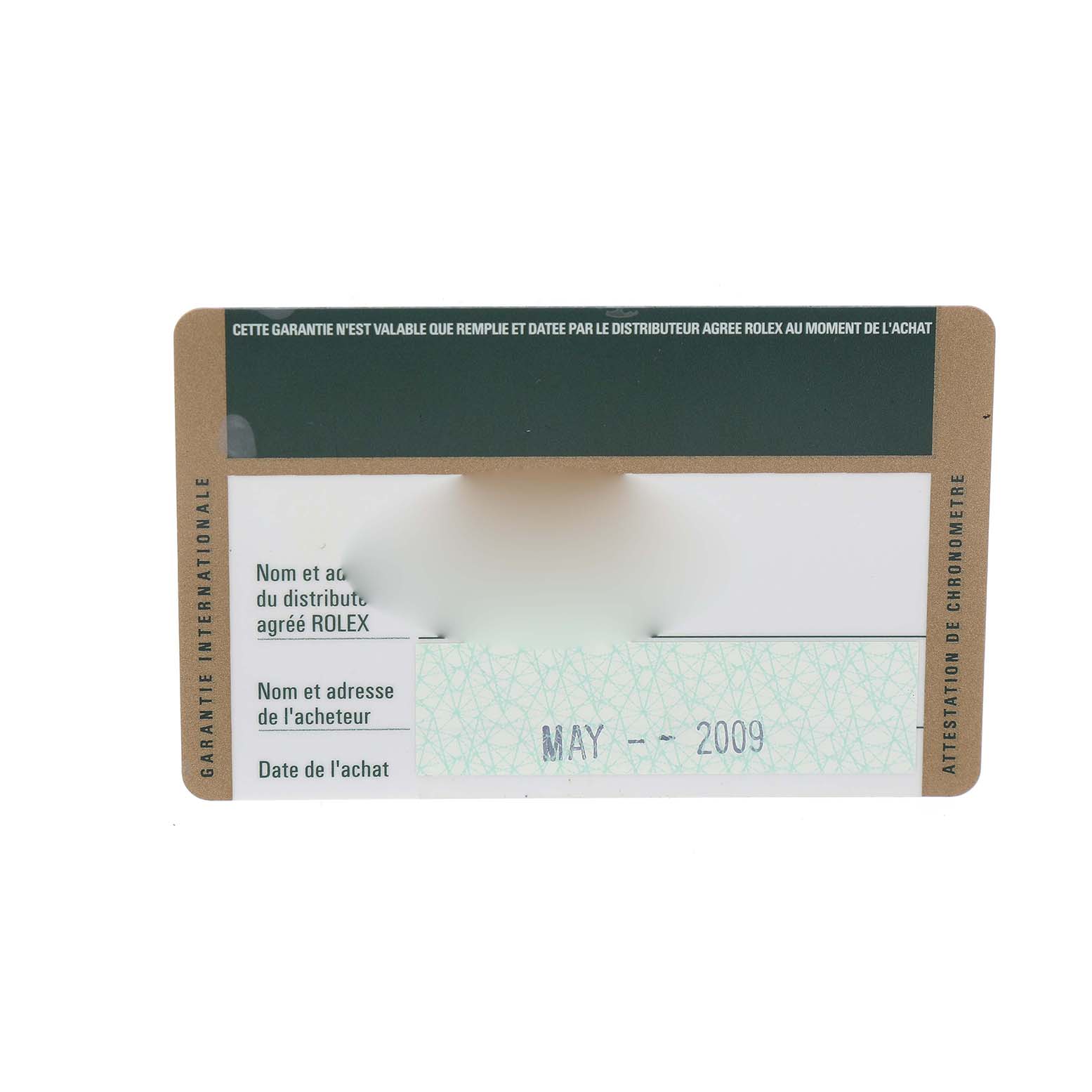 The image shows a warranty card for a Rolex Turn-o-Graph 116264 Men's Stainless Steel White Dial watch, featuring text and a date of purchase.