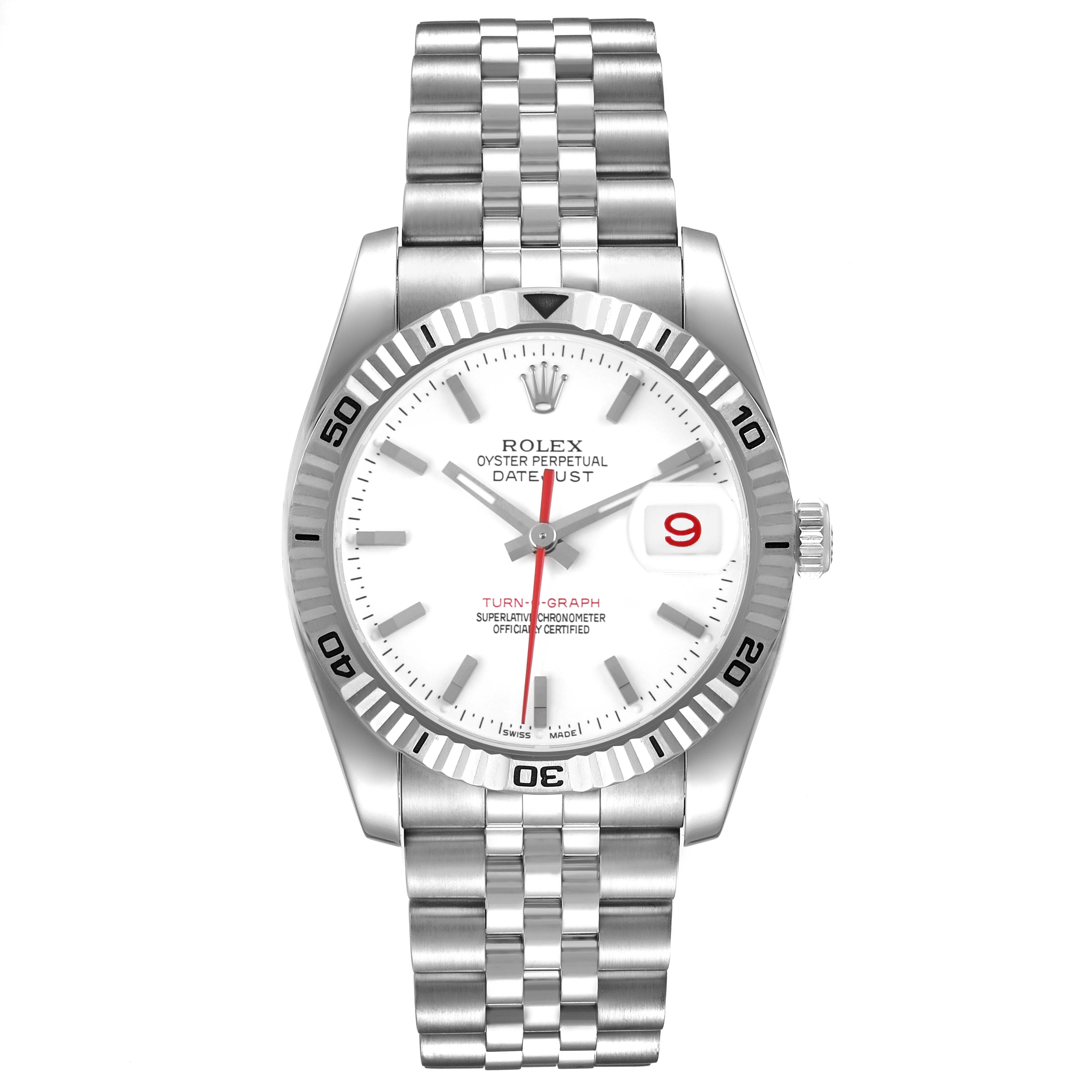 The image shows a front view of the Rolex Turn-o-Graph 116264 Men's Stainless Steel White Dial watch, highlighting the dial, bezel, and bracelet.