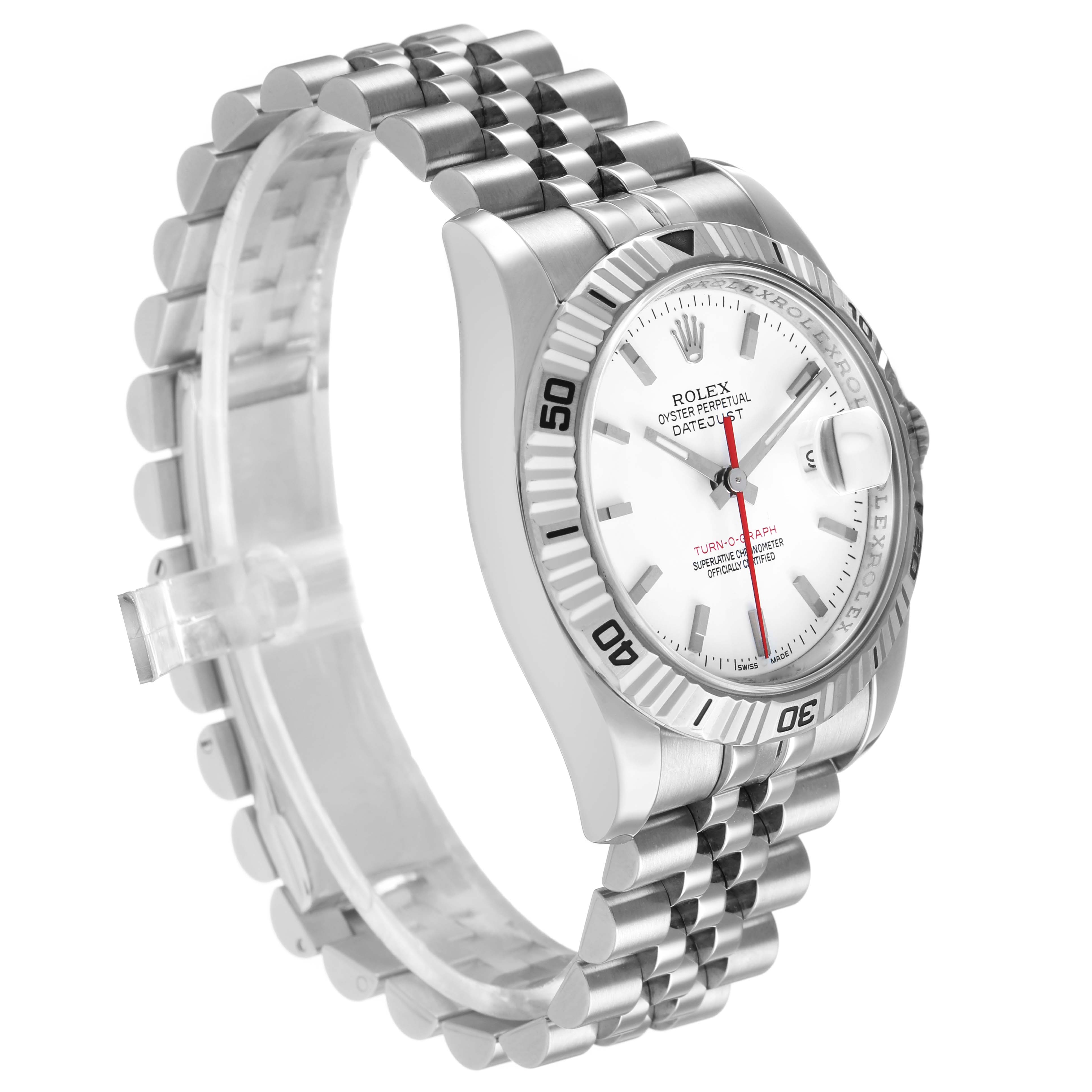 The Rolex Turn-o-Graph 116264 Men's Stainless Steel White Dial watch is shown at a slight side angle, highlighting the bezel, dial, and Jubilee bracelet.