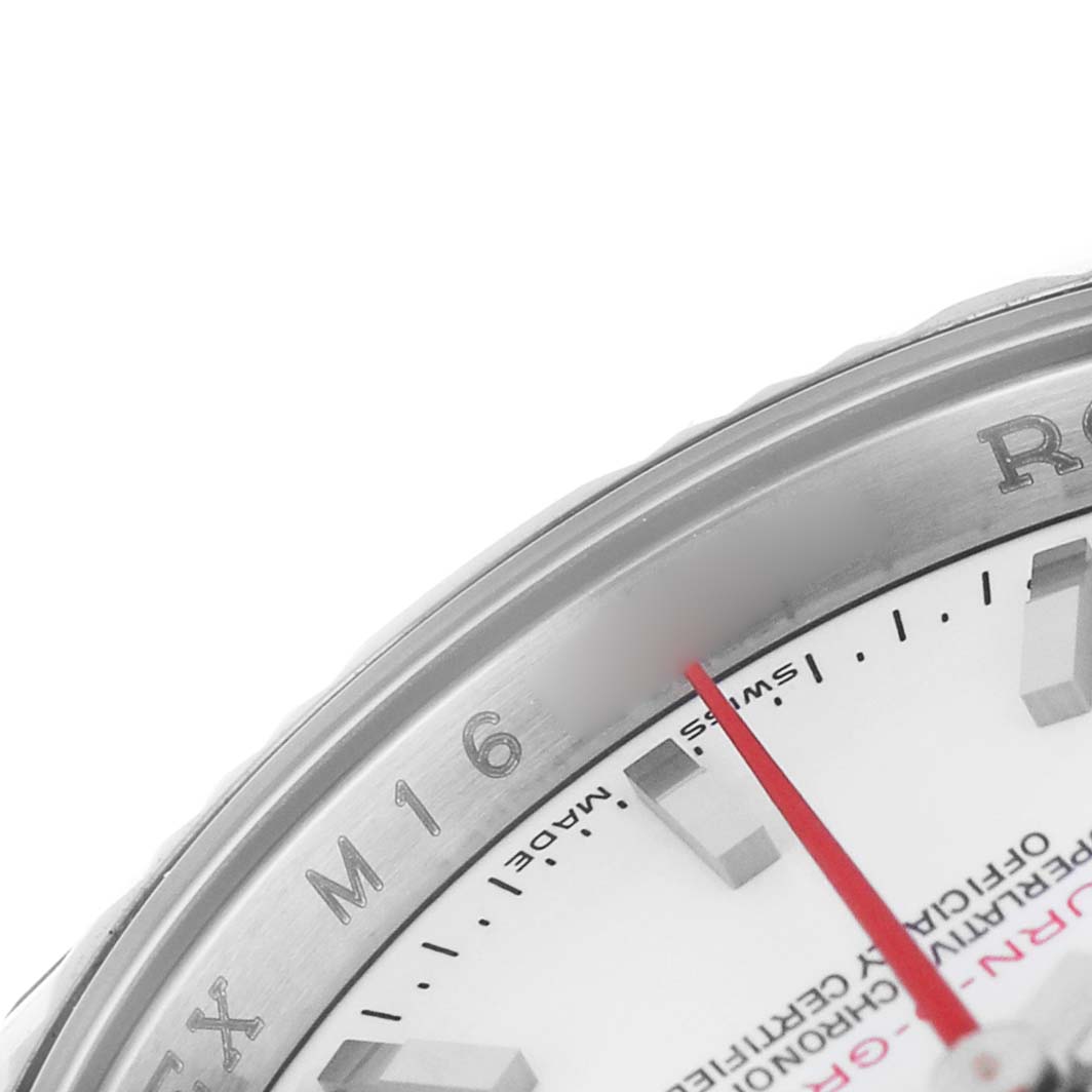 The image shows a close-up of the Rolex Turn-o-Graph 116264 Men's Stainless Steel White Dial watch, highlighting the bezel, part of the dial, and a red hand.