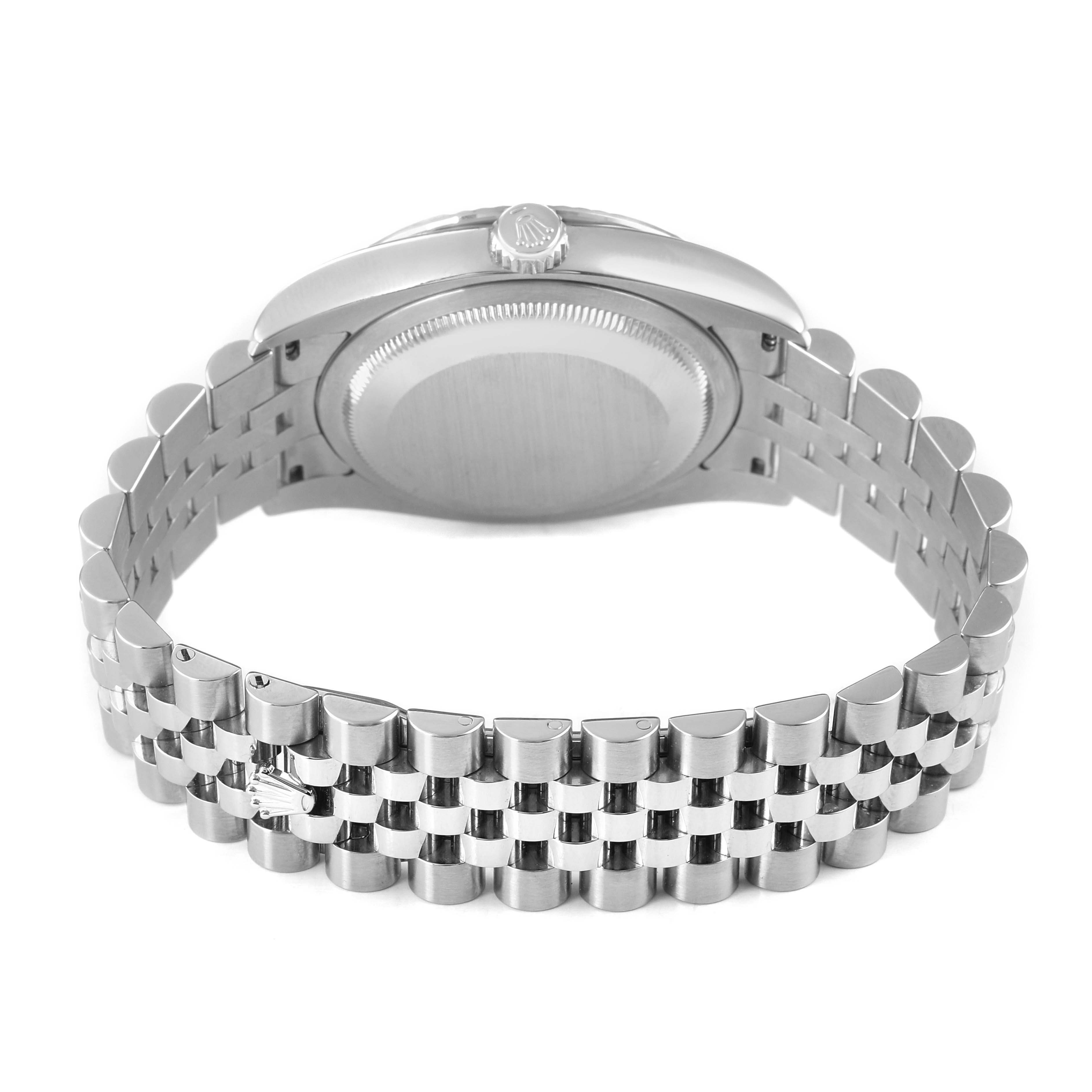 The image shows the back view of a Rolex Turn-o-Graph 116264 Men's Stainless Steel White Dial, highlighting the case back and jubilee bracelet.