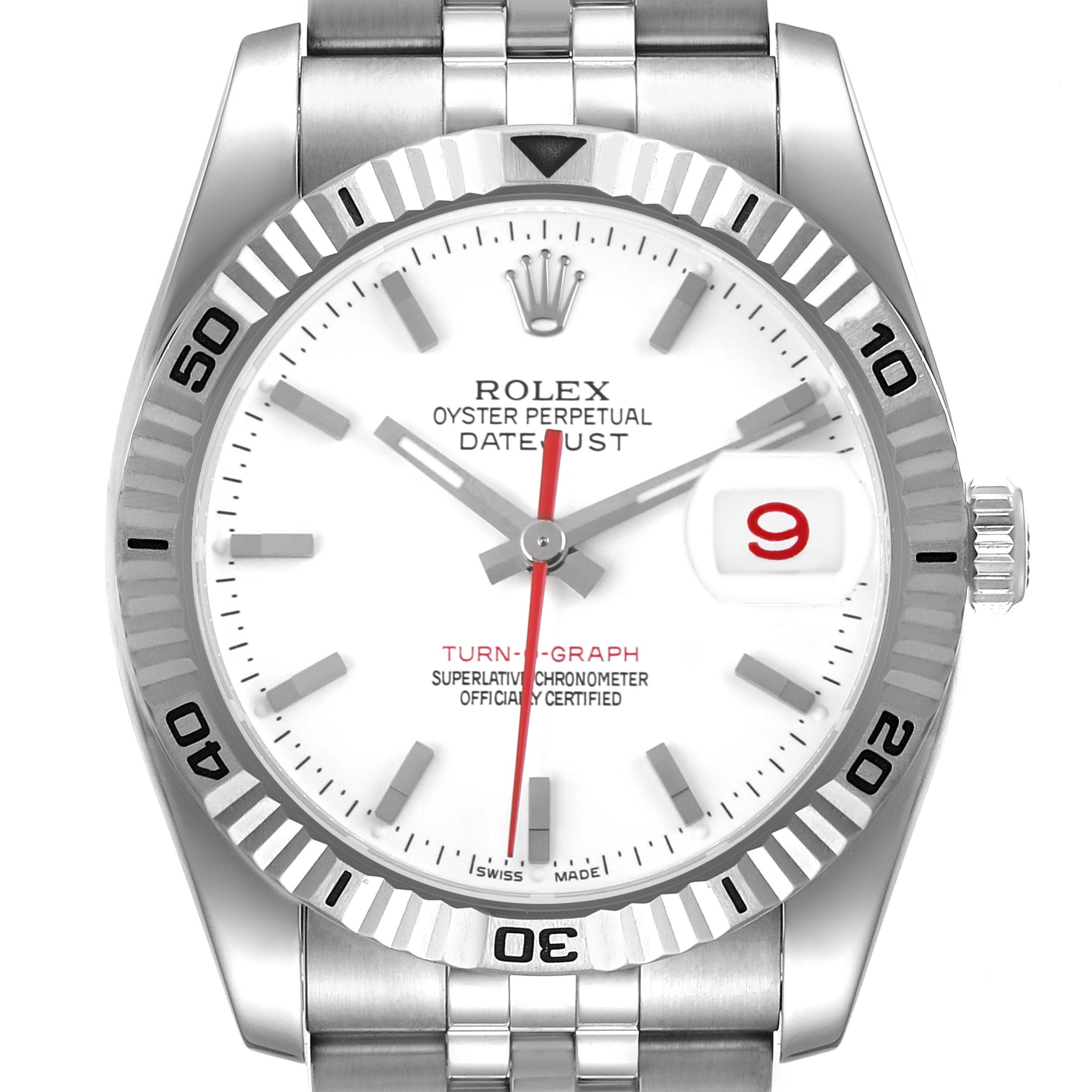 The Rolex Turn-o-Graph 116264 Men's Stainless Steel White Dial watch is shown from a front angle, highlighting its bezel, dial, hands, and bracelet.