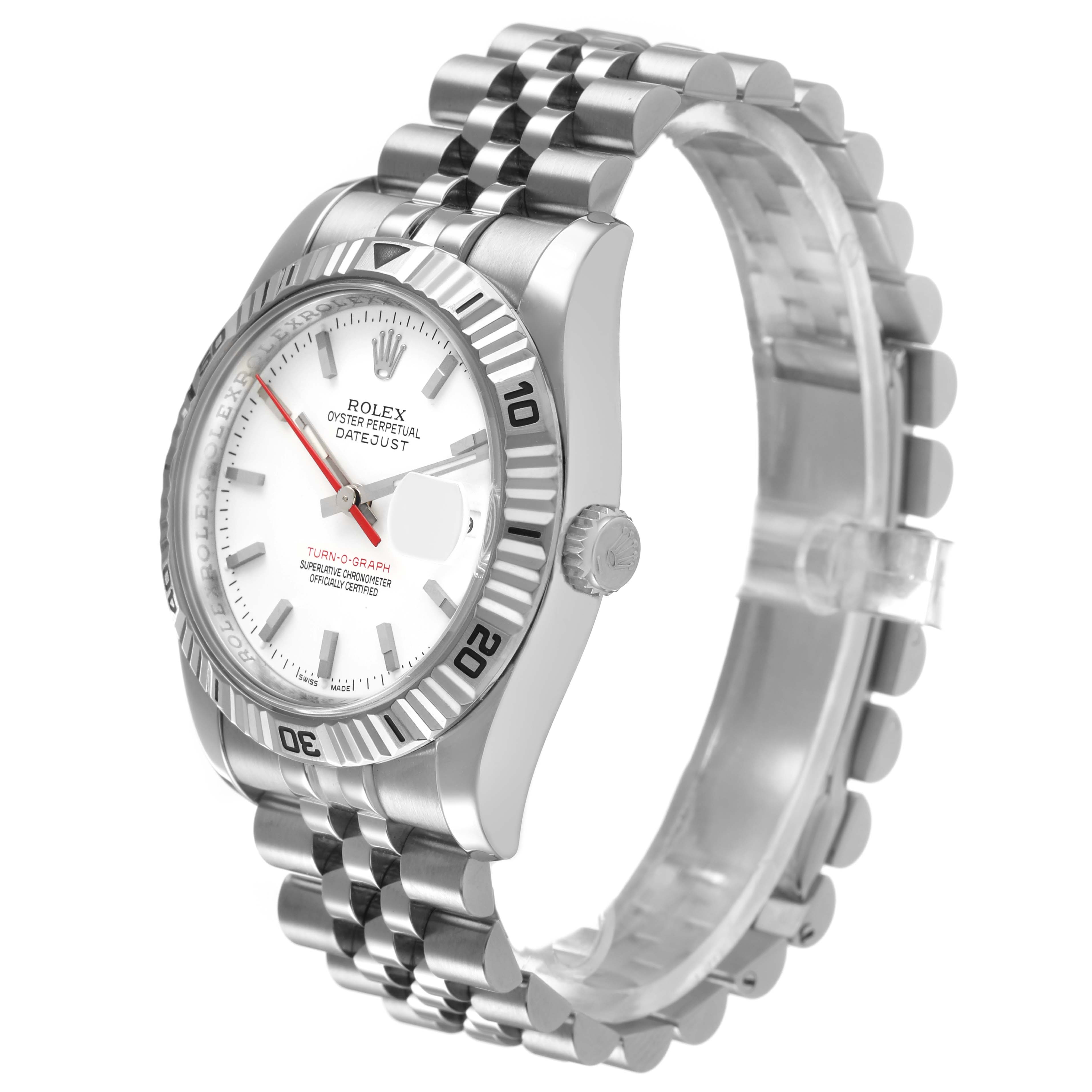 The Rolex Turn-o-Graph 116264 Men's Stainless Steel White Dial watch is shown at a three-quarter angle highlighting the bezel, dial, and jubilee bracelet.