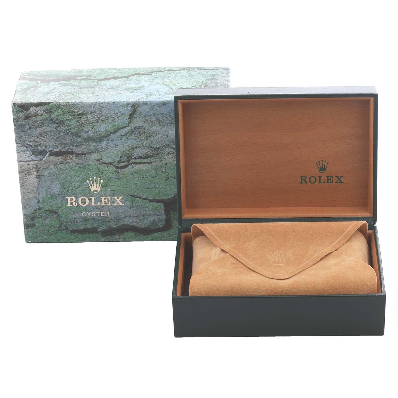 This image shows the Rolex Yacht-Master 168623 Men
s Steel and Gold (two tone) White Dial 168623 Men
s Steel and Gold (two tone) White Dial
s packaging, featuring an open box and a branded protective pouch.