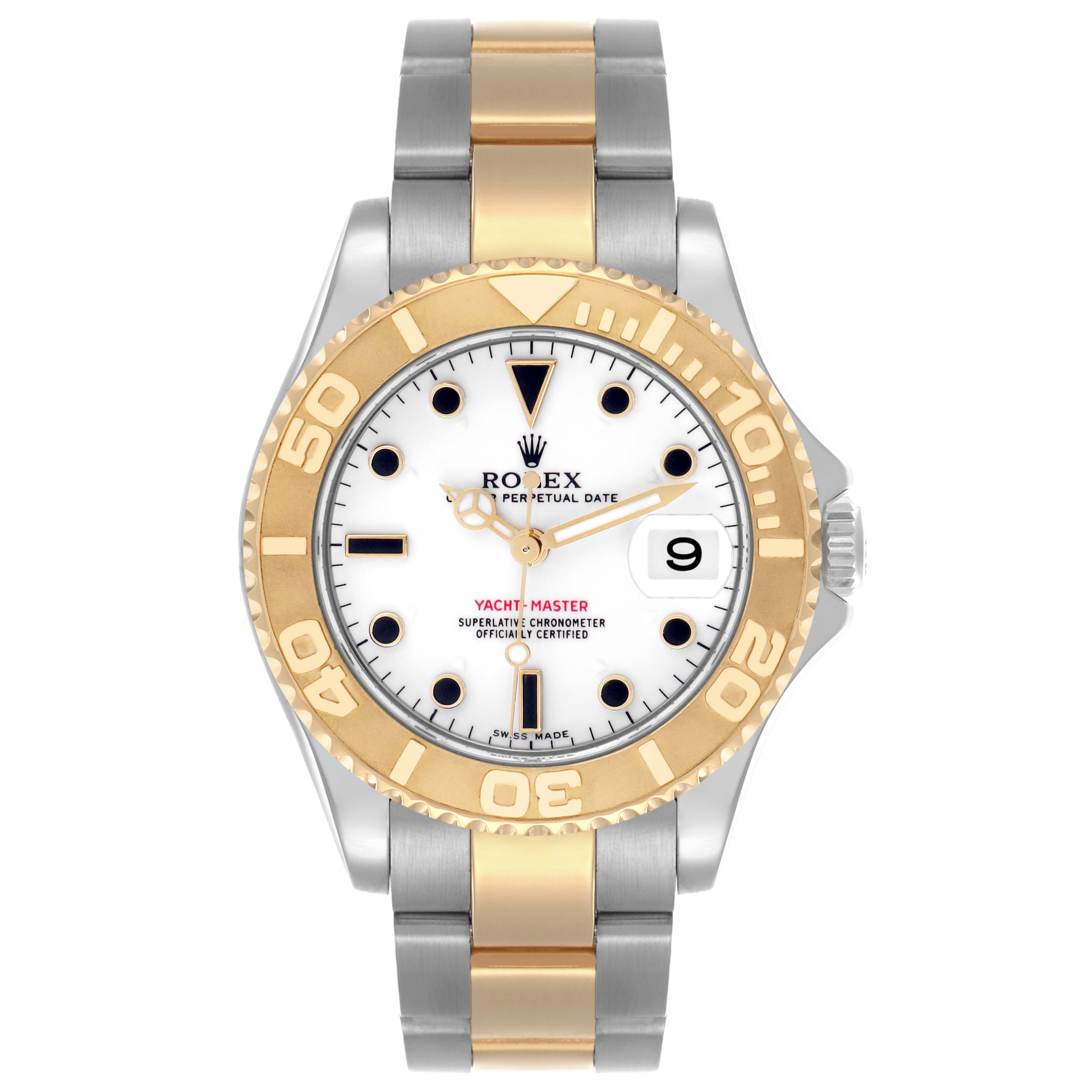 The Rolex Yacht-Master 168623 Men
s Steel and Gold (two tone) White Dial 168623 Men
s Steel and Gold (two tone) White Dial watch is shown from the front, highlighting its face, bezel, and bracelet.