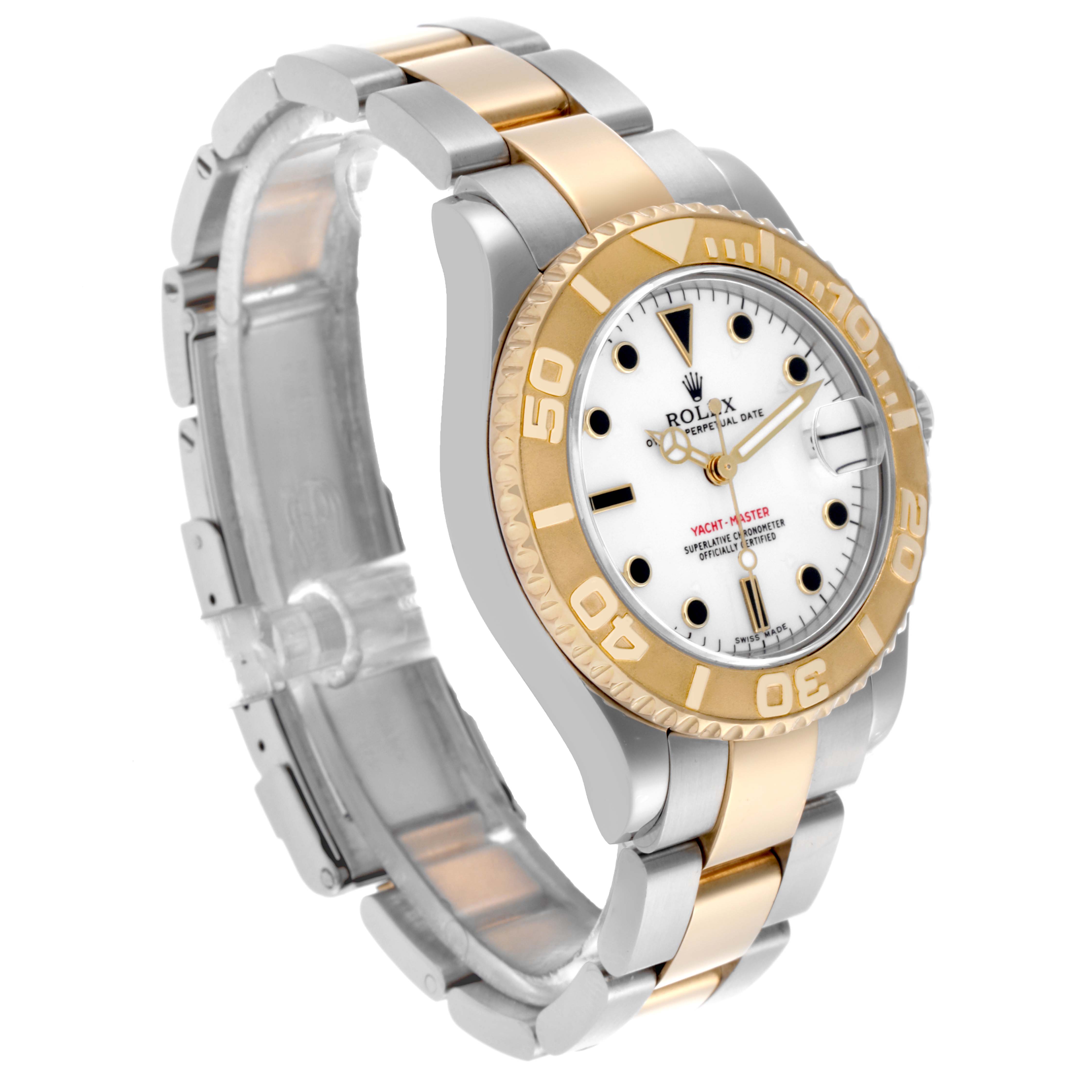 The Rolex Yacht-Master 168623 Men
s Steel and Gold (two tone) White Dial 168623 Men
s Steel and Gold (two tone) White Dial watch is shown at a slight angle highlighting the face, bezel, and bracelet.