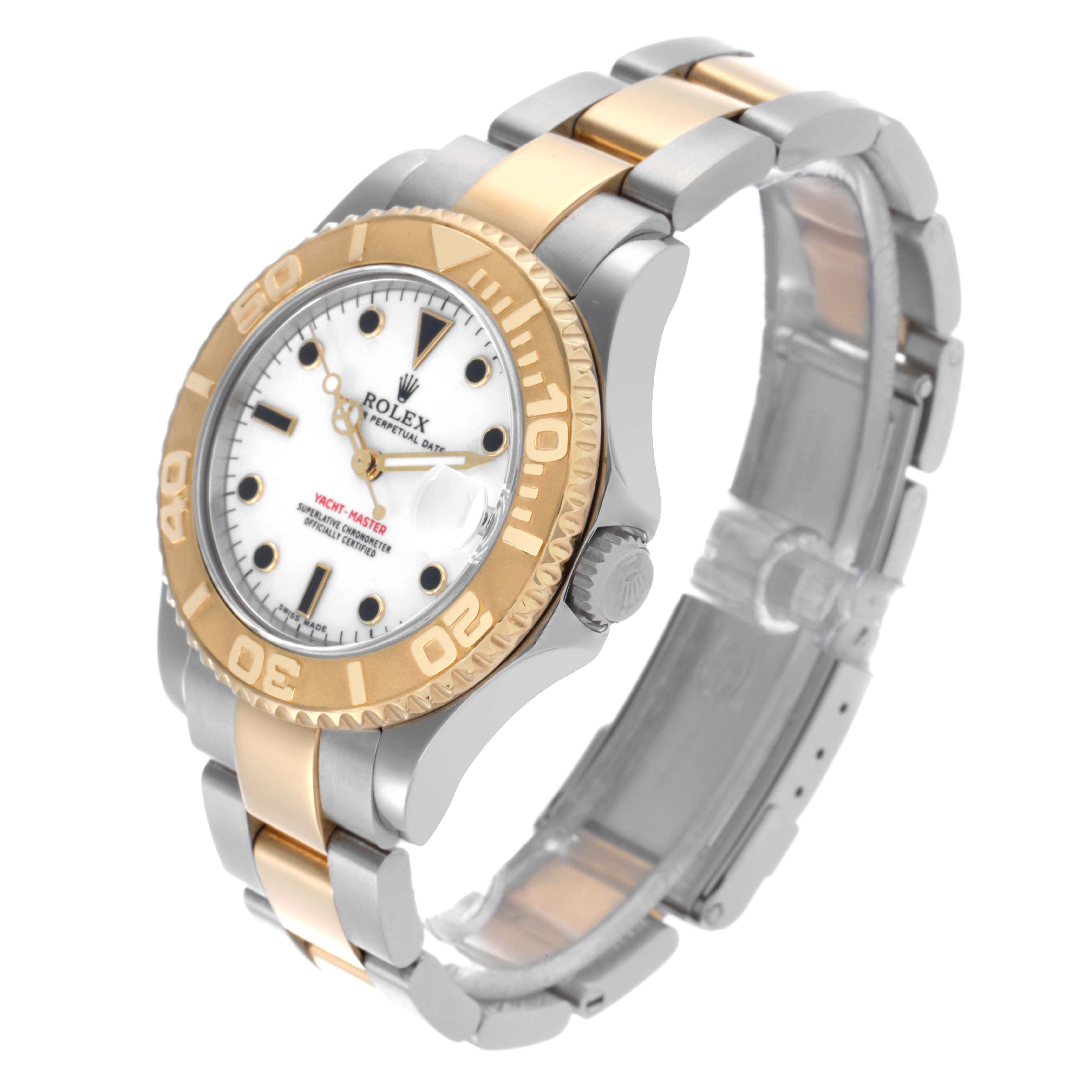 The Rolex Yacht-Master 168623 Men
s Steel and Gold (two tone) White Dial 168623 Men
s Steel and Gold (two tone) White Dial watch is shown at an angled side view, highlighting its bezel, crown, and bracelet.