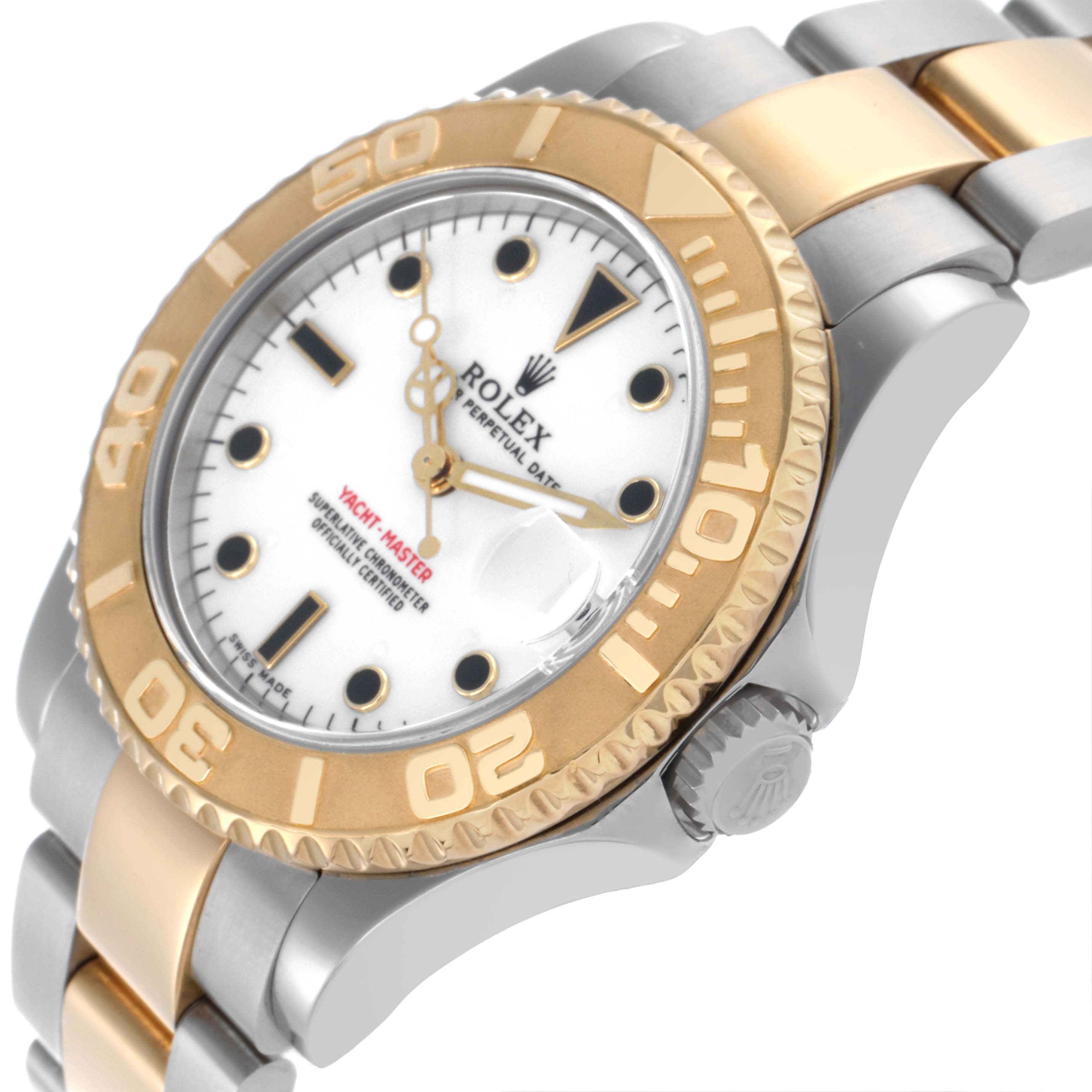 The Rolex Yacht-Master 168623 Men
s Steel and Gold (two tone) White Dial 168623 Men
s Steel and Gold (two tone) White Dial watch is shown at a slight angle, highlighting the bezel, dial, and part of the bracelet.