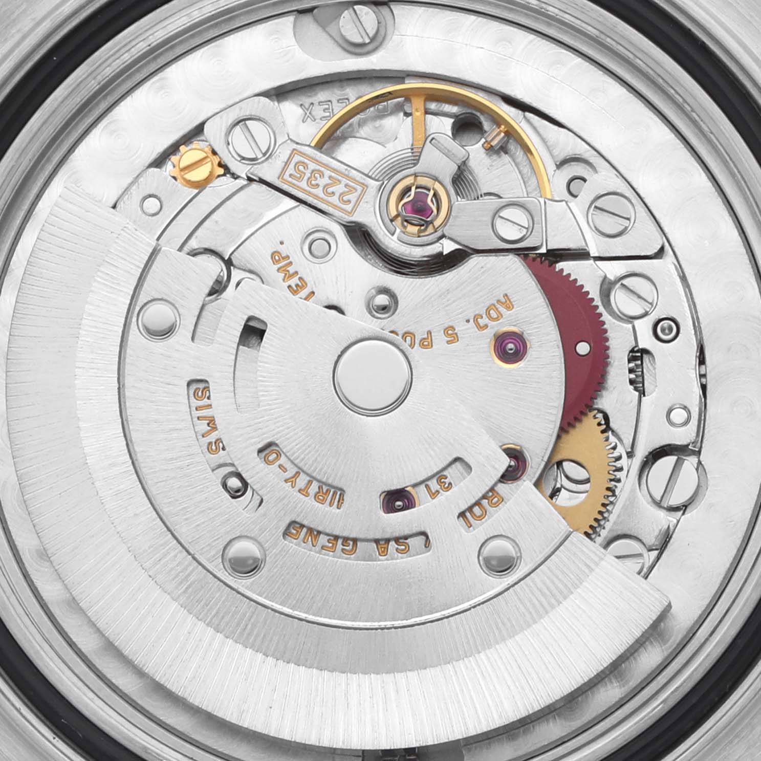 This image shows the movement of a Rolex Yacht-Master 168623 Men
s Steel and Gold (two tone) White Dial 168623 Men
s Steel and Gold (two tone) White Dial watch, displaying gears and rotor at a close-up angle.