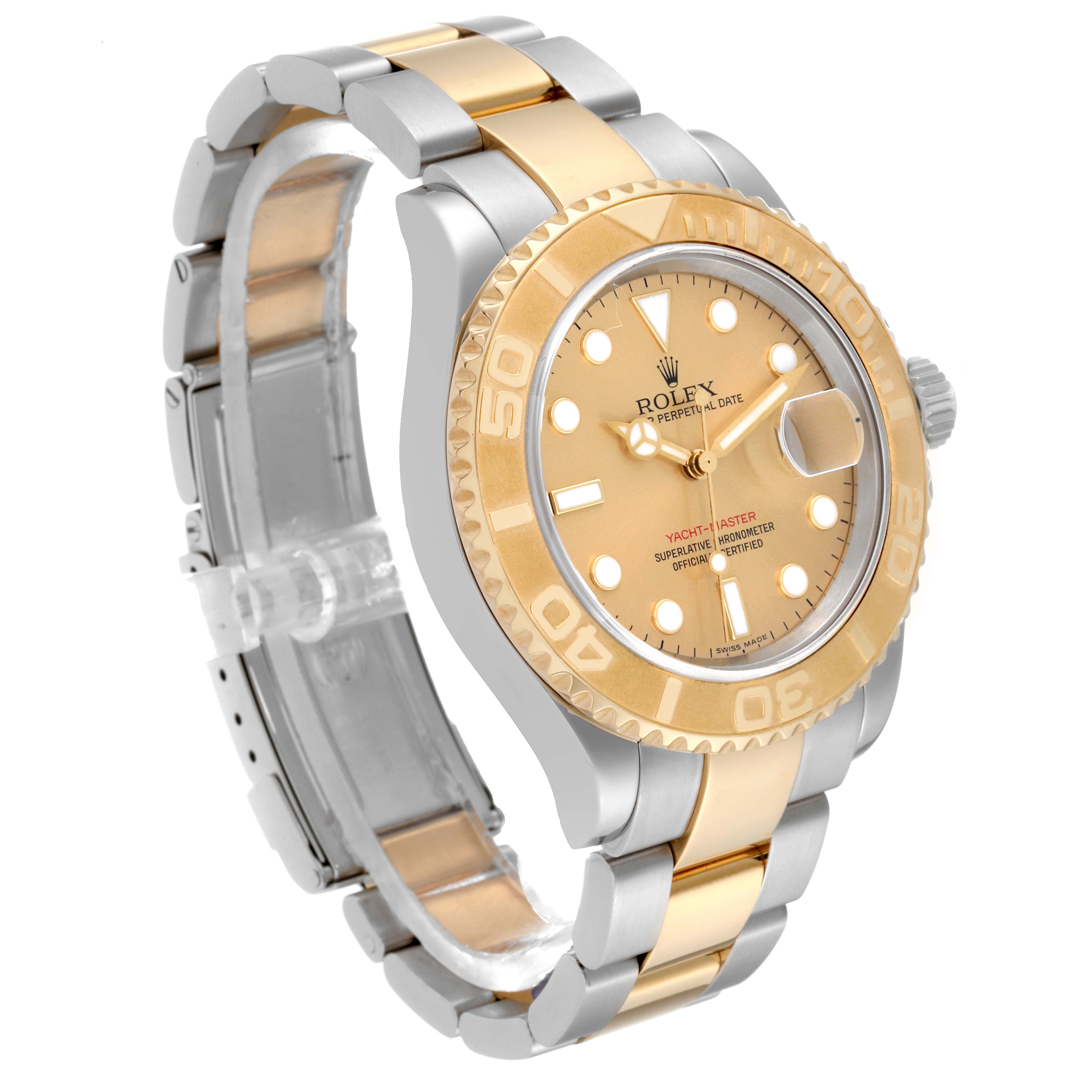 This Rolex Yacht-Master 16623 Men's Steel and Gold (two tone) Champagne Dial 16623 Men's Steel and Gold (two tone) Champagne Dial watch is shown from a front angle, highlighting its two-tone bracelet and gold bezel.