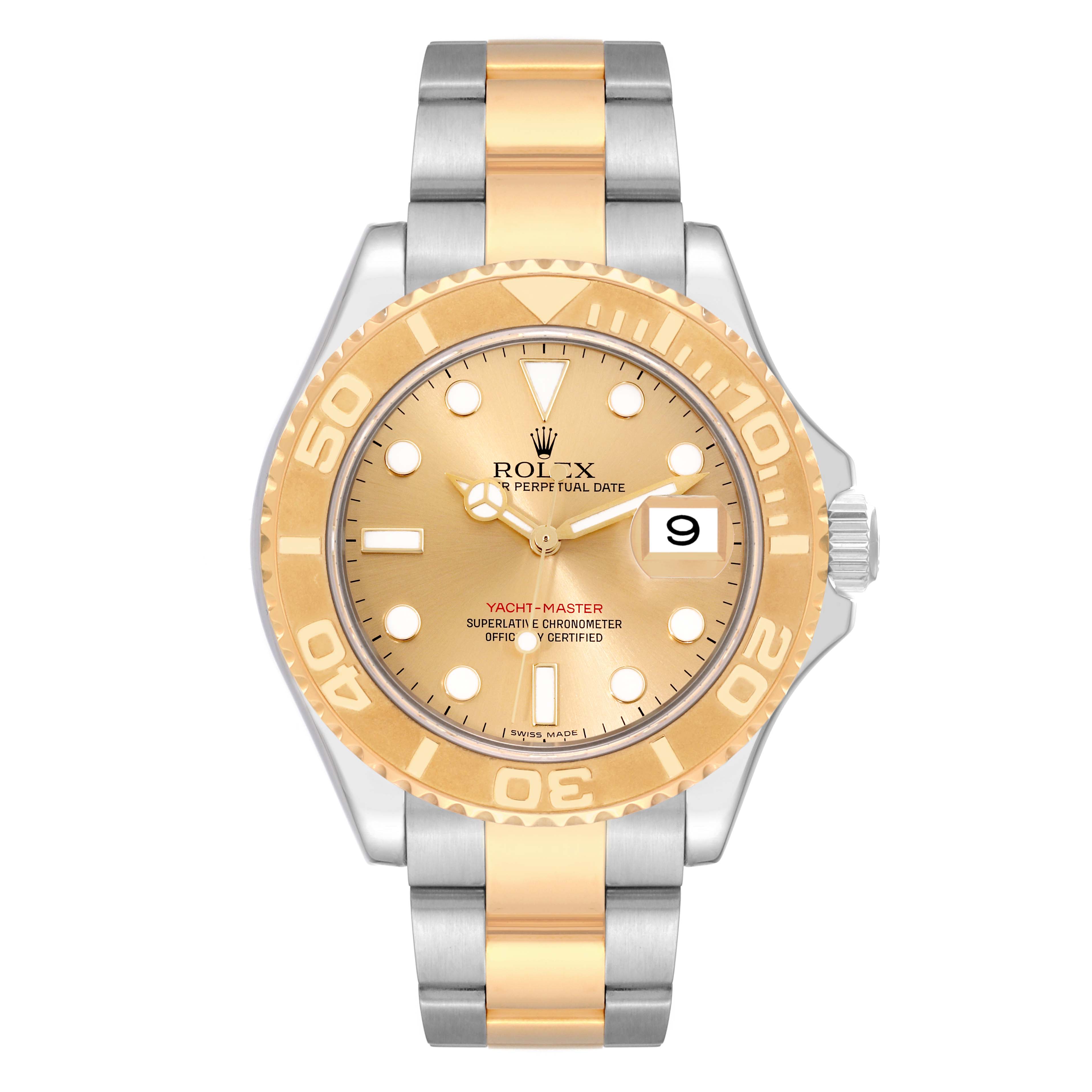 The Rolex Yacht-Master 16623 Men's Steel and Gold (two tone) Champagne Dial 16623 Men's Steel and Gold (two tone) Champagne Dial watch is shown from a front angle displaying the dial, bezel, and part of the bracelet.