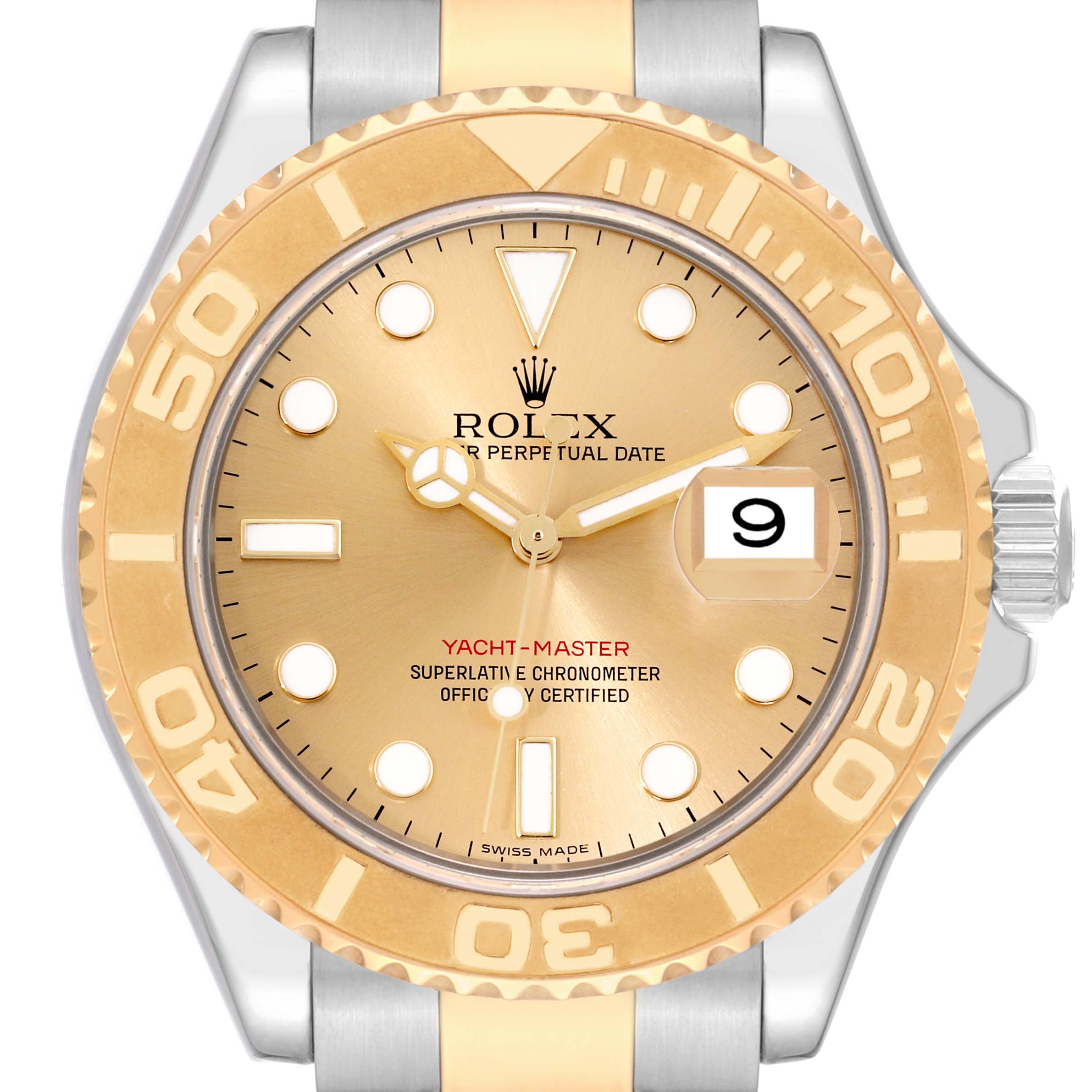 The image shows a front view of a Rolex Yacht-Master 16623 Men's Steel and Gold (two tone) Champagne Dial 16623 Men's Steel and Gold (two tone) Champagne Dial watch, highlighting its gold dial, gold bezel, and date window at 3 o'clock.