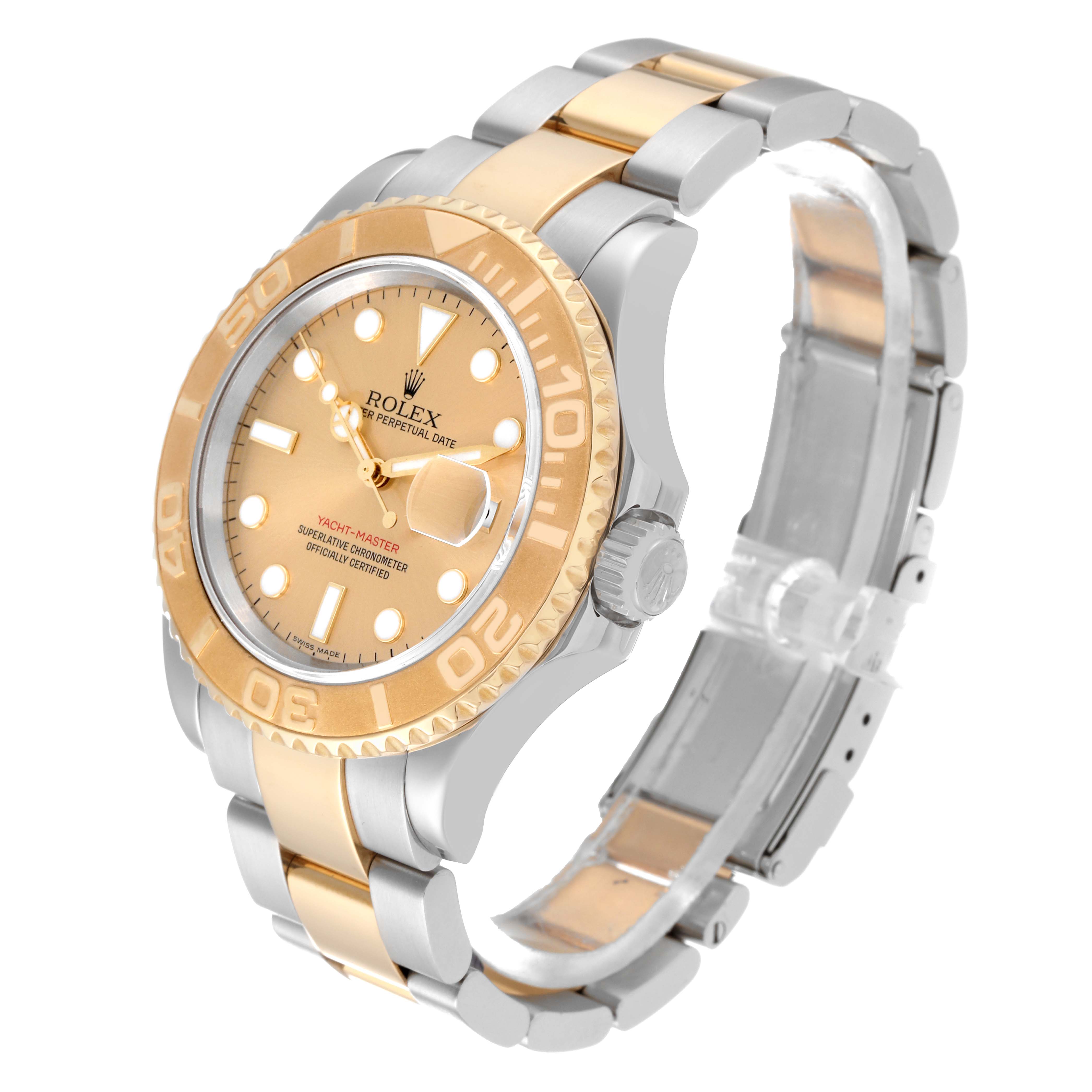 The Rolex Yacht-Master 16623 Men's Steel and Gold (two tone) Champagne Dial 16623 Men's Steel and Gold (two tone) Champagne Dial watch is shown at a slight angle, highlighting the dial, bezel, and part of the bracelet.