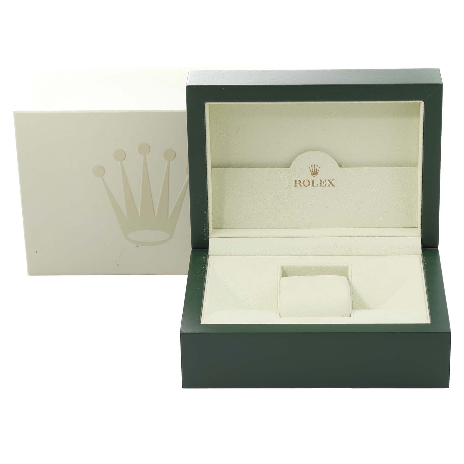 This image shows an open Rolex watch box, typically used to house a Rolex Yacht-Master 16623 Men's Steel and Gold (two tone) Champagne Dial 16623 Men's Steel and Gold (two tone) Champagne Dial model watch.