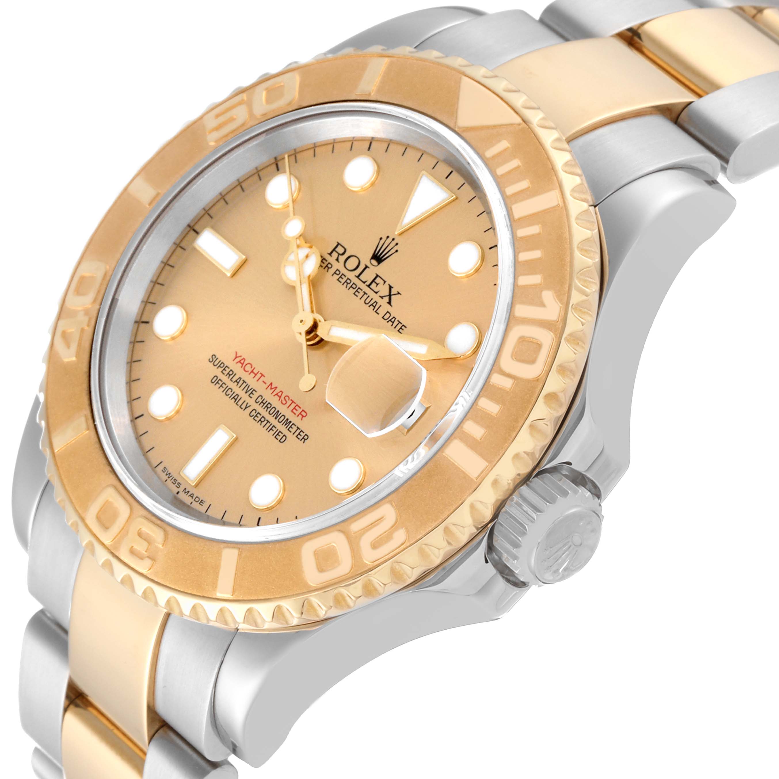 This image shows a Yacht-Master Rolex watch at an angle highlighting the dial, bezel, crown, and part of the bracelet.
