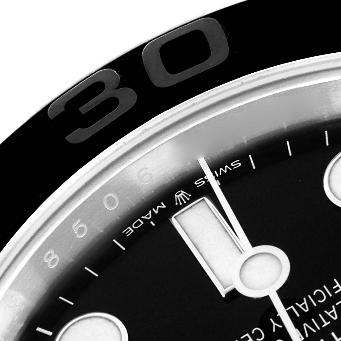 The image shows a close-up of the Rolex Yacht-Master 226659 Men's White Gold Black Dial 226659 Men's White Gold Black Dial's dial and bezel at an oblique angle, highlighting the "30" marking and "Swiss Made" text.