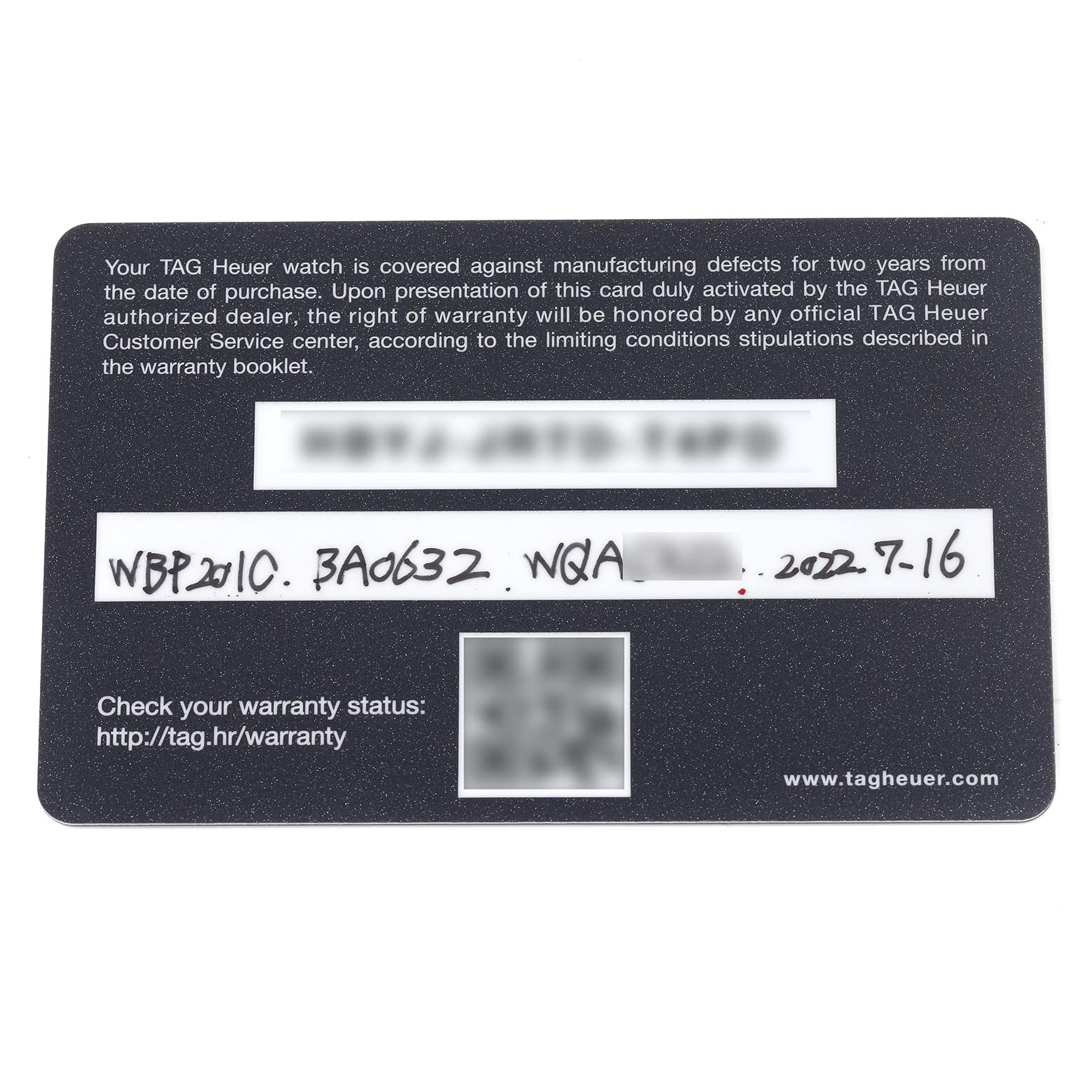 The image shows a warranty card for a Tag Heuer Aquaracer WBP201C.BA0632 Men's Stainless Steel Silver Dial WBP201C.BA0632 Men's Stainless Steel Silver Dial watch, displaying the model numbers and purchase date.