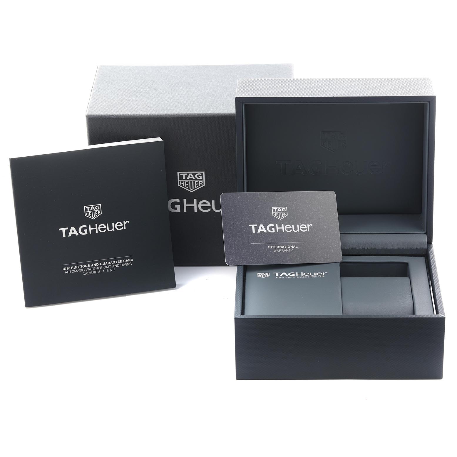 The image shows the packaging, warranty card, and manual for the Tag Heuer Aquaracer WBP201C.BA0632 Men's Stainless Steel Silver Dial WBP201C.BA0632 Men's Stainless Steel Silver Dial.