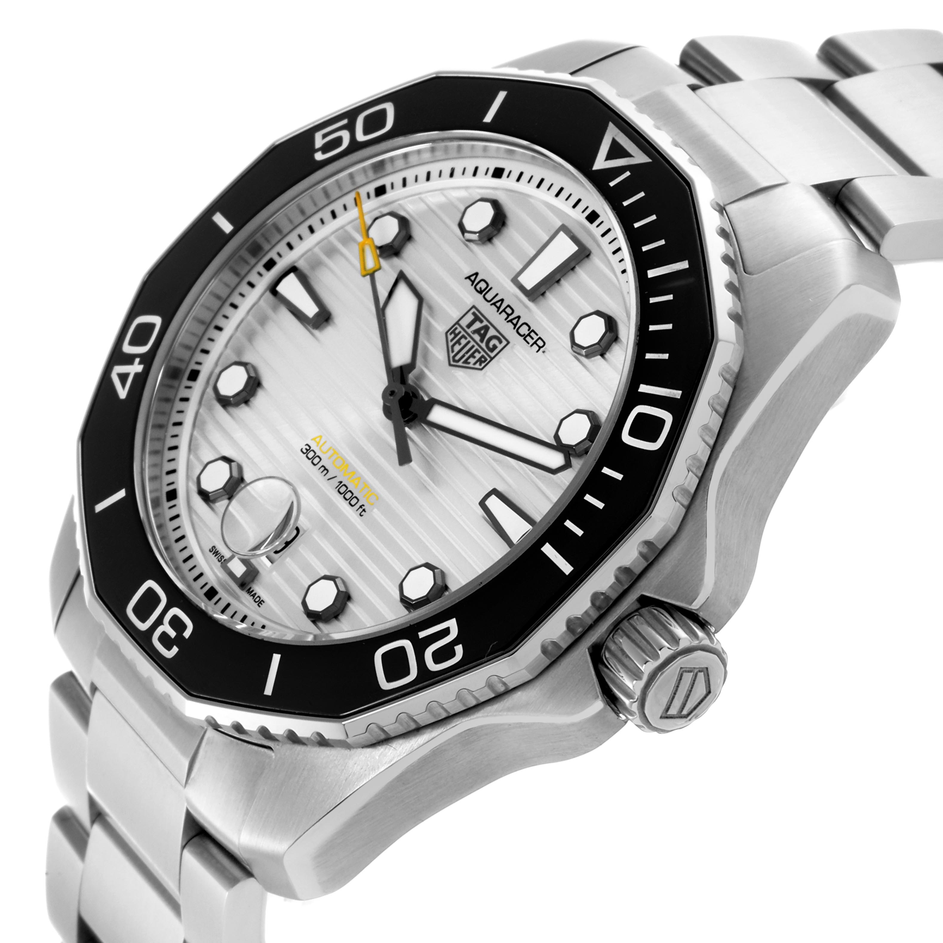 The Tag Heuer Aquaracer WBP201C.BA0632 Men's Stainless Steel Silver Dial WBP201C.BA0632 Men's Stainless Steel Silver Dial watch is shown at an angled close-up, highlighting the bezel, dial, crown, and part of the bracelet.