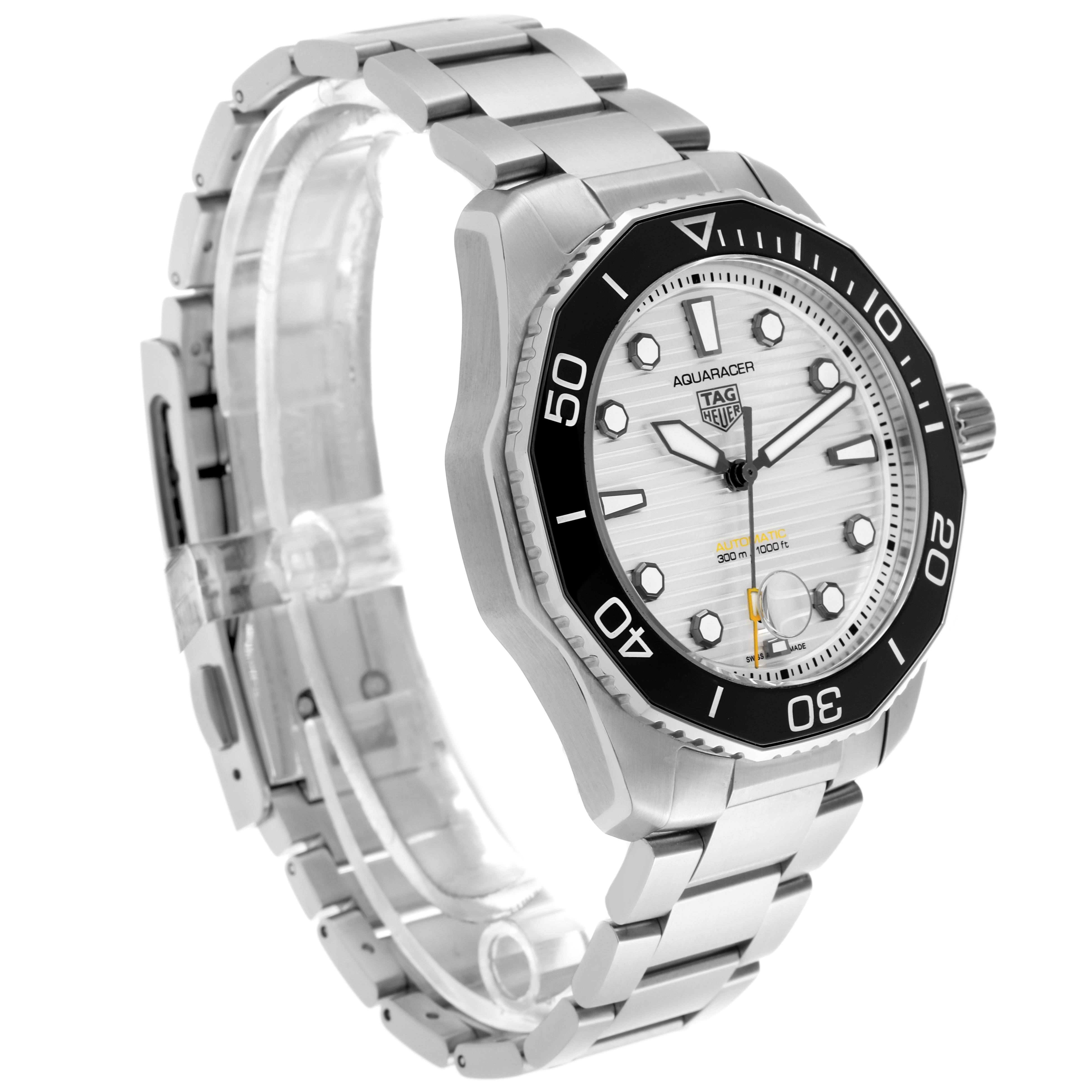 The Tag Heuer Aquaracer WBP201C.BA0632 Men's Stainless Steel Silver Dial WBP201C.BA0632 Men's Stainless Steel Silver Dial watch is shown at an angled view, displaying the face, bezel, bracelet, and crown.
