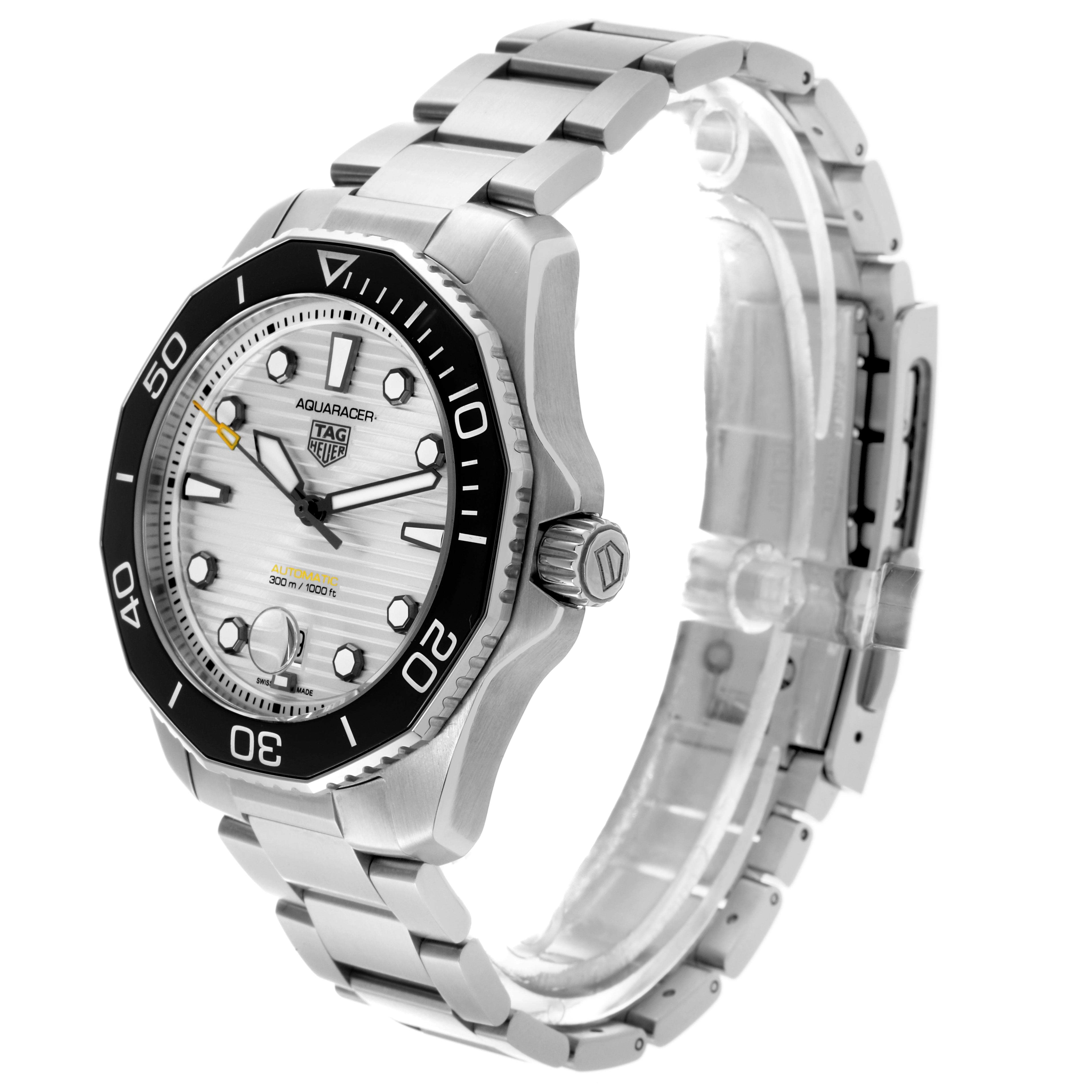 The Tag Heuer Aquaracer WBP201C.BA0632 Men's Stainless Steel Silver Dial WBP201C.BA0632 Men's Stainless Steel Silver Dial watch is shown at a three-quarter angle, highlighting the face, bezel, crown, and bracelet.